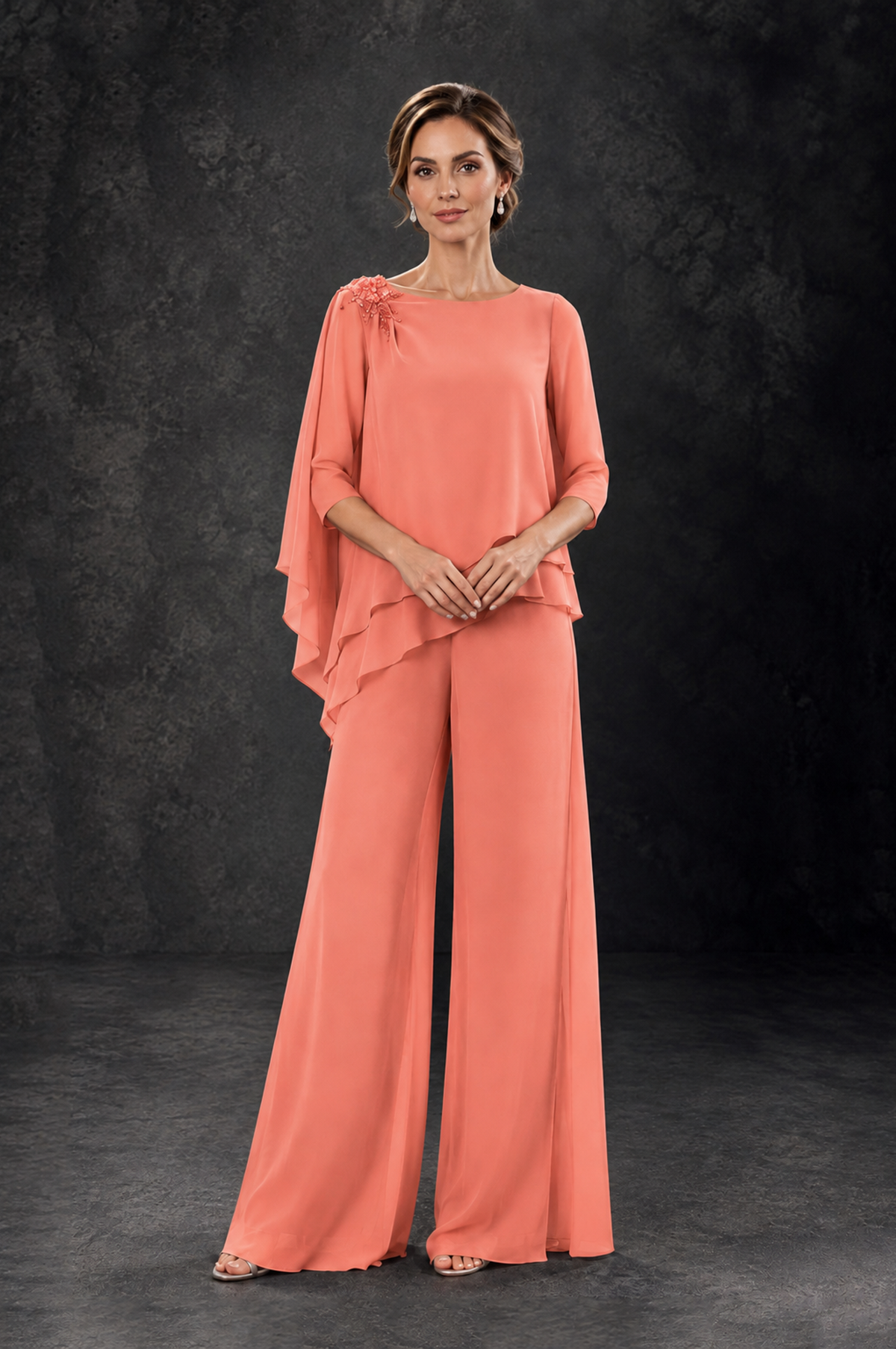 BOLODOO Coral Layered Wide-Leg Mother of the Bride Pant Suit - Coral - Coral_3