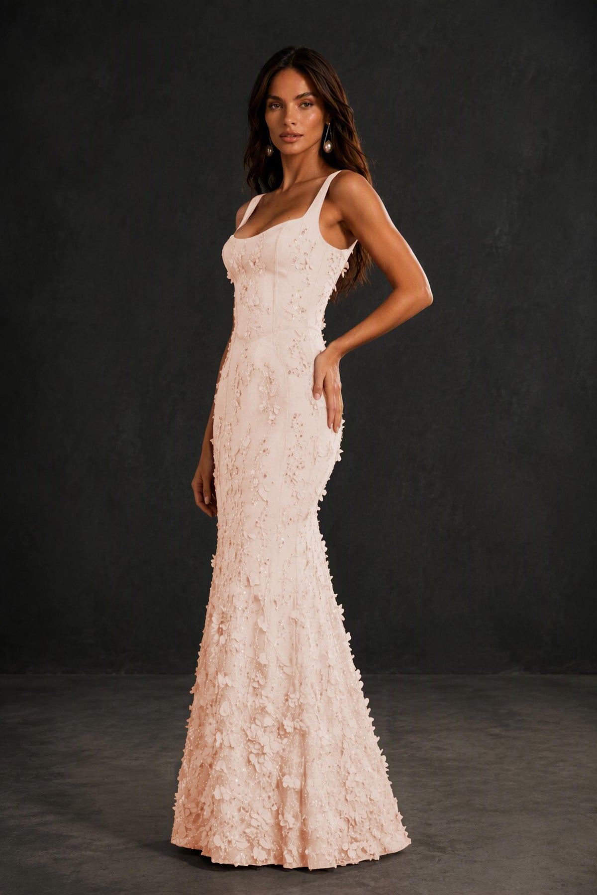 BOLODOO Coral Sequin 3D Floral Mermaid Maxi Gown – Lace-Up Back Formal Dress - Coral