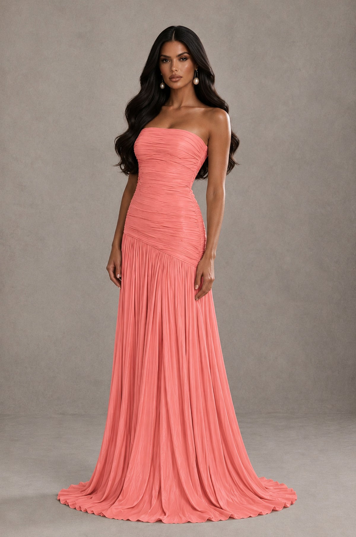 BOLODOO Coral Metallic Ruched Strapless Pleated A-Line Backless Maxi Dress with Train - Coral - Coral_3