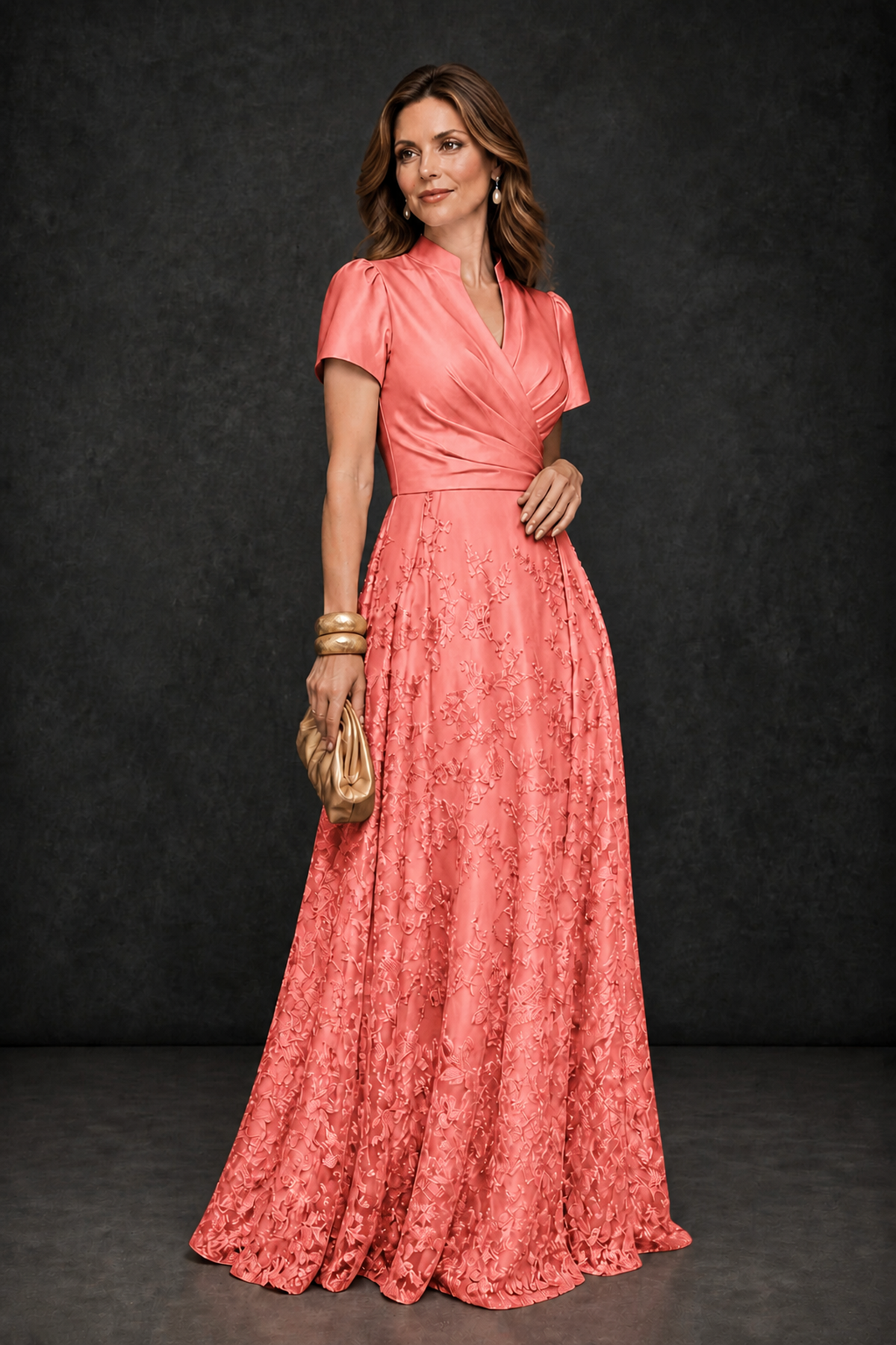 BOLODOO Coral Satin Wrap V-Neck Short Sleeve Lace Glitter A-Line Floor Length Evening Gown – Formal Dress - Coral - Coral_3