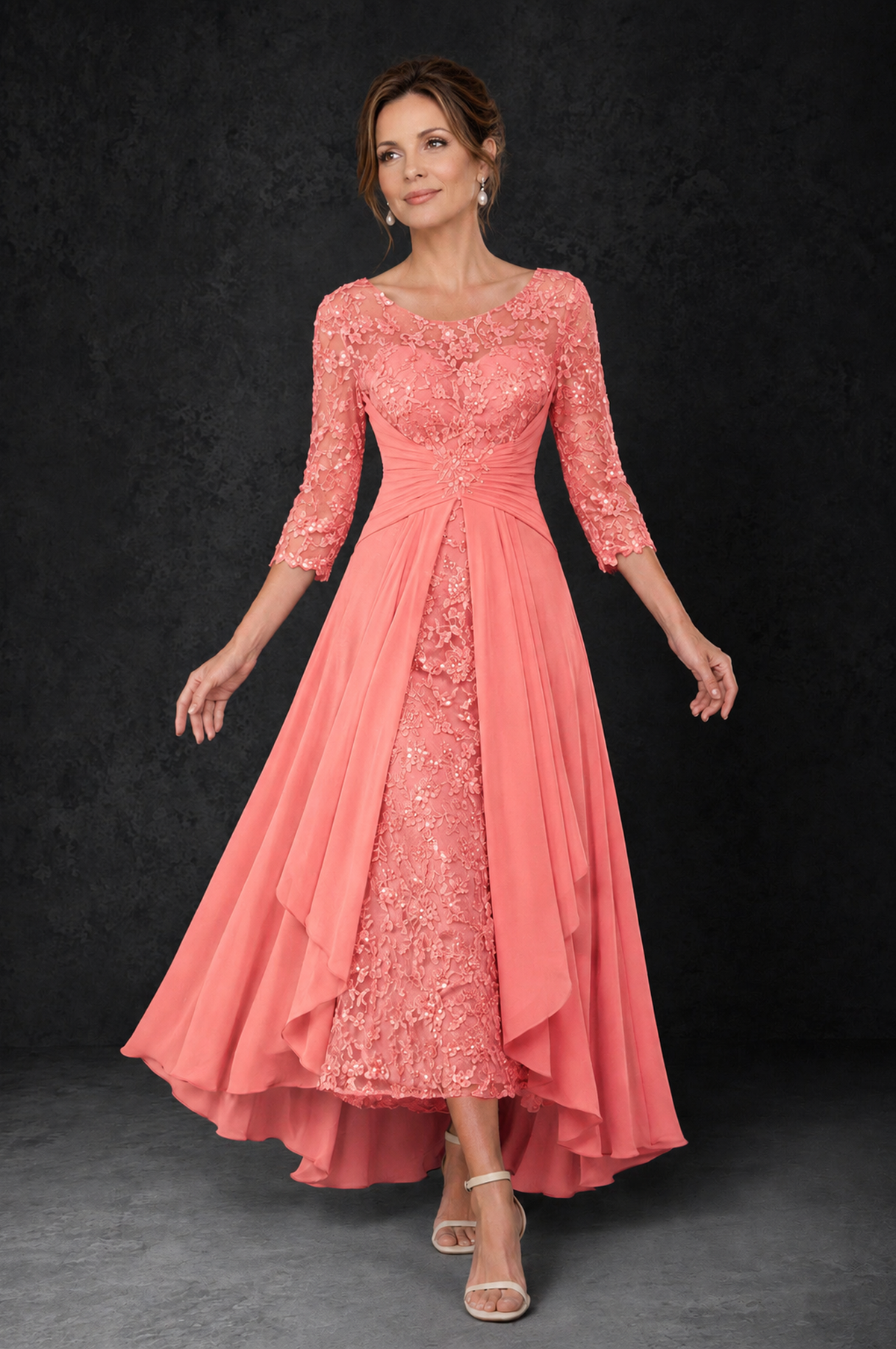 BOLODOO Coral Sequin Lace & Chiffon Tea-Length Mother of the Bride Dress with 3/4 Sleeves - Coral