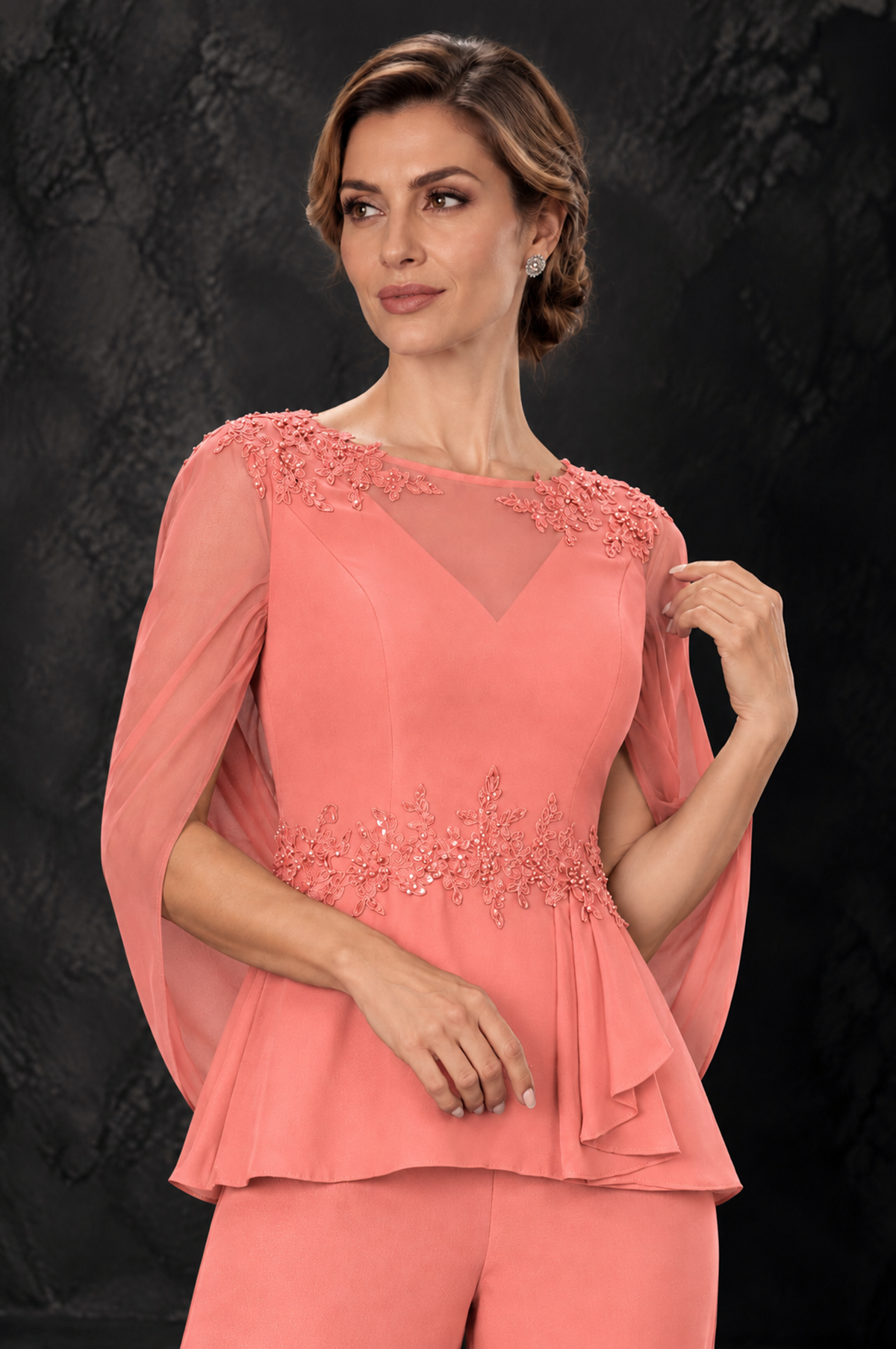 BOLODOO Coral Embellished Cape Sleeve Mother of the Bride Pantsuit - Coral - Coral_3