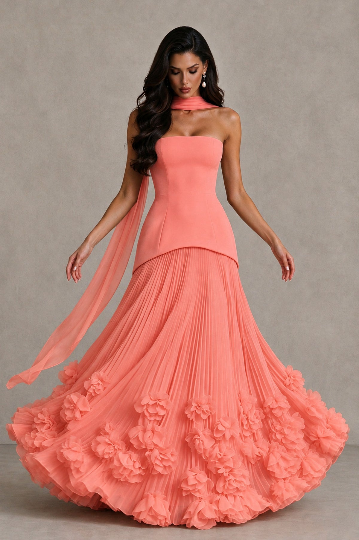 BOLODOO Coral Strapless Pleated Floral Hem Evening Gown - Coral - Coral_3