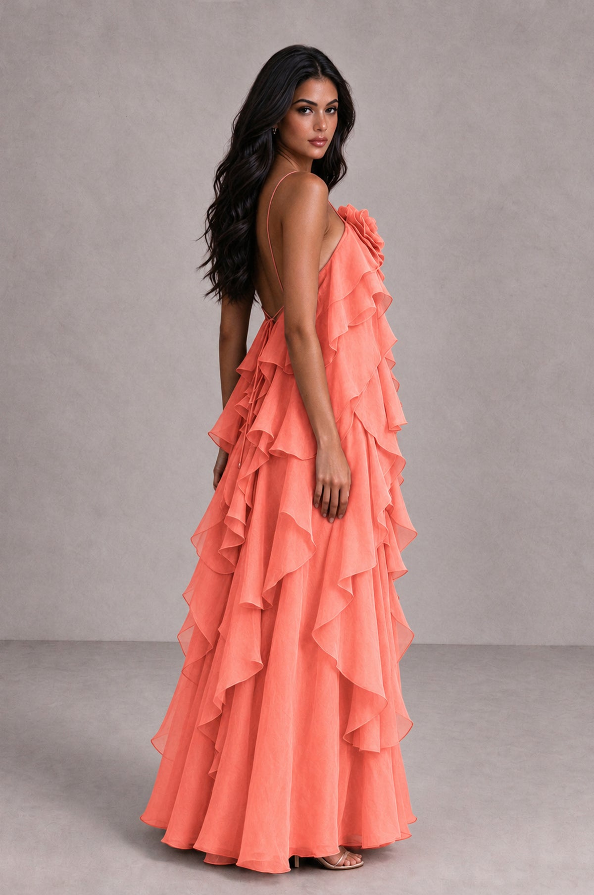 BOLODOO Coral Cascading Ruffle Rosette Open-Back Maxi Dress - Coral - Coral_3