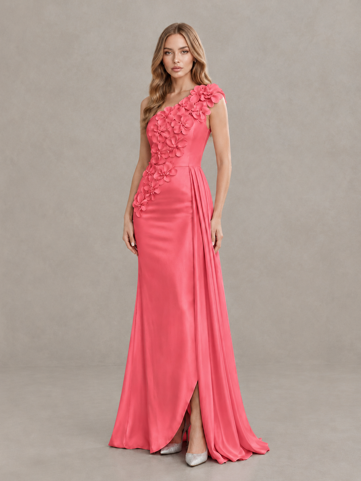 BOLODOO Coral One-Shoulder Satin Mermaid Evening Gown with 3D Floral Appliqué - Coral - Coral_3