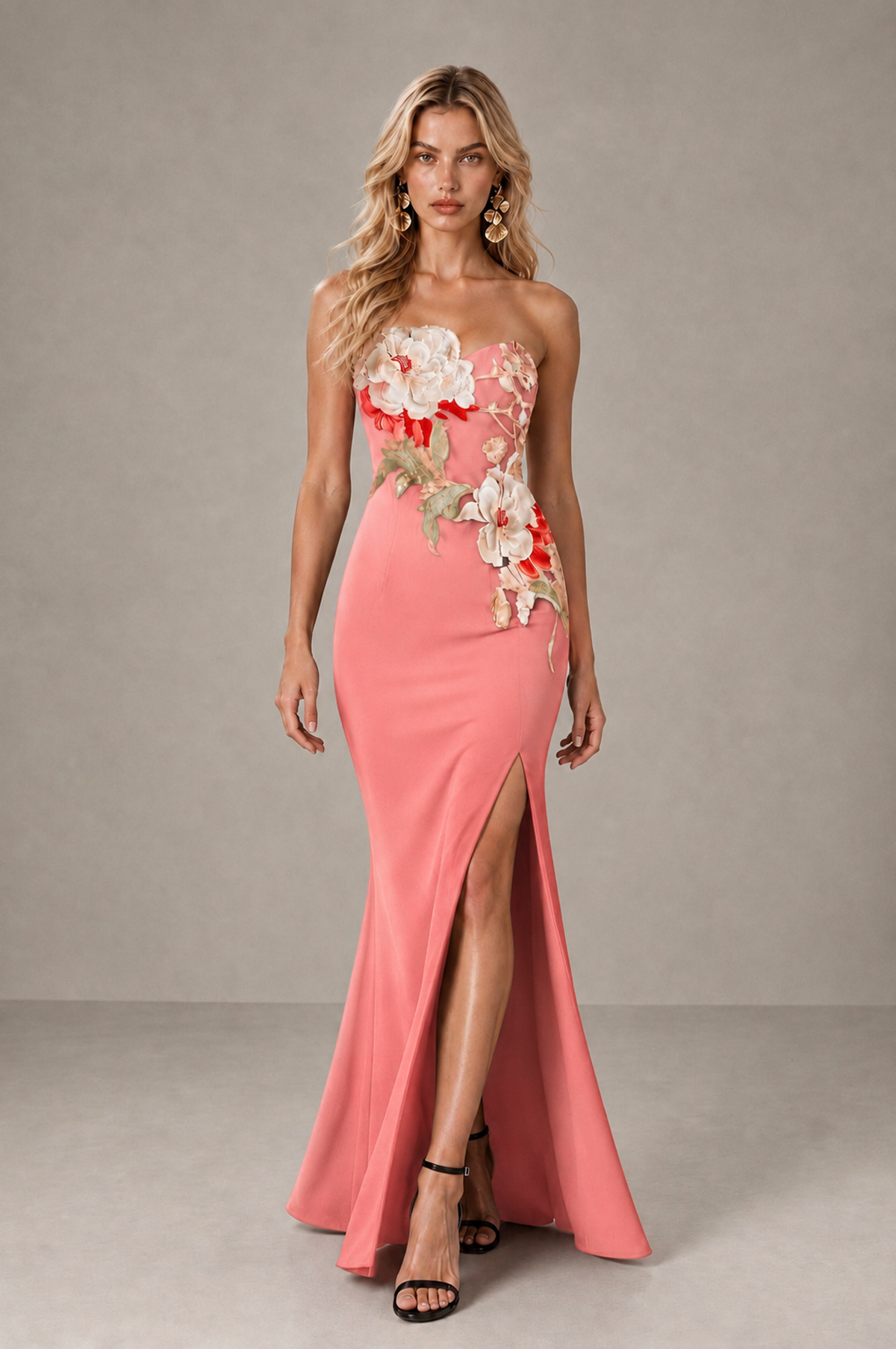 BOLODOO Coral Strapless Floral Mermaid Evening Dress with Slit - Coral - Coral_3