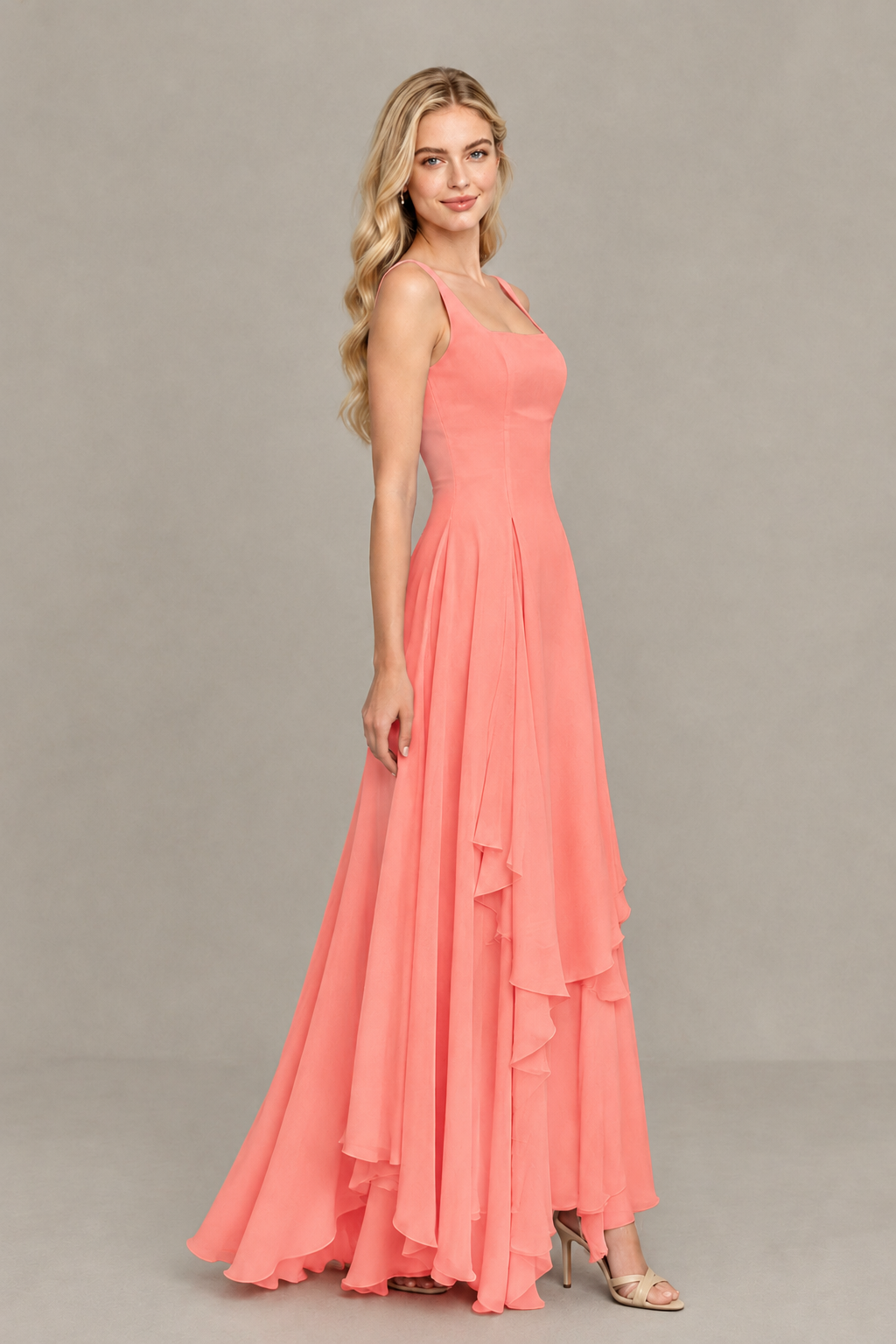 BOLODOO Coral Square Neck Chiffon Bridesmaid Dress with Lace-Up Back - Coral