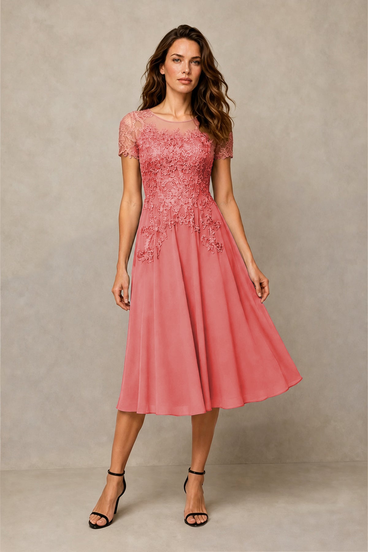 BOLODOO Steel Coral Beaded Lace Illusion Bodice Chiffon Tea-Length Dress | Mother of the Bride & Cocktail Party - Coral