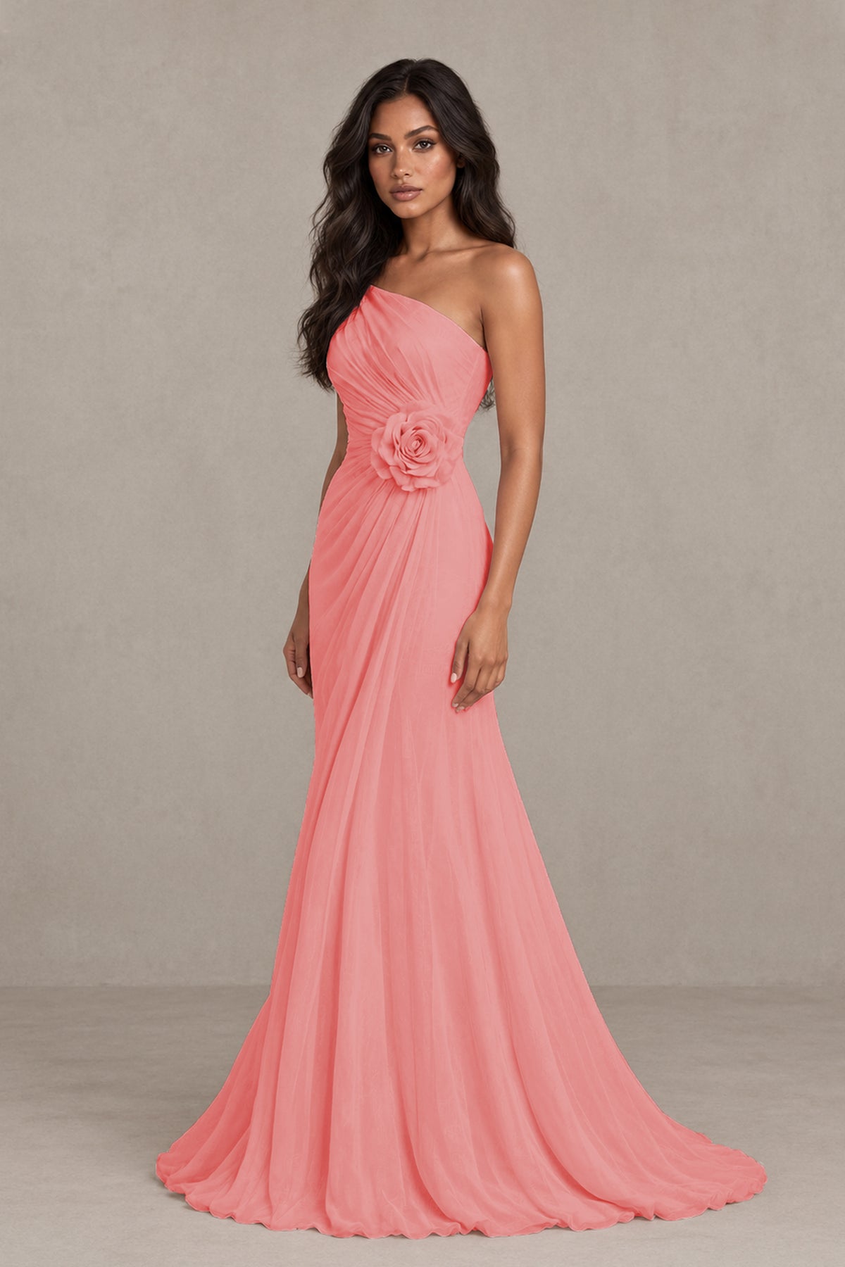 BOLODOO Coral One-Shoulder Floral Ruched Maxi Dress - Coral