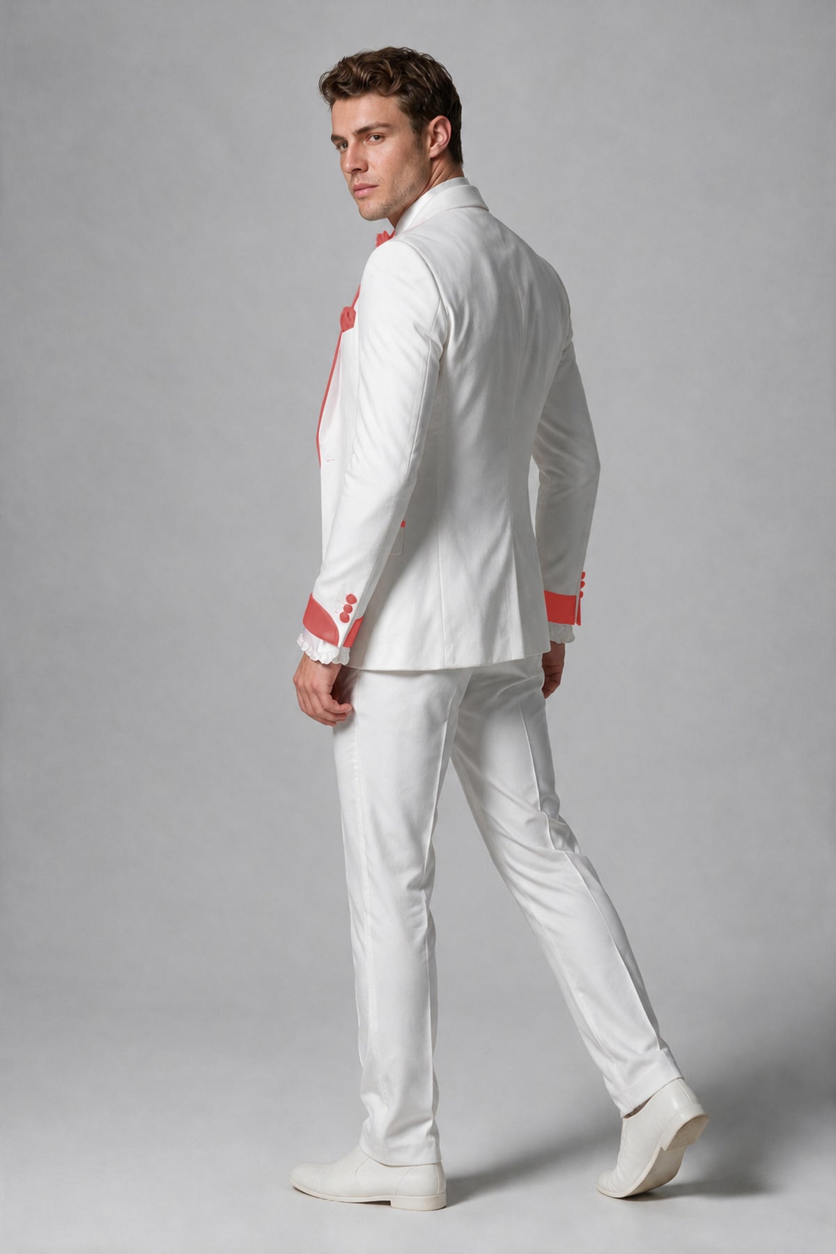 Bolodoo Men's White and Coral Three-Piece Wedding Tuxedo Suit - Coral - Coral_3