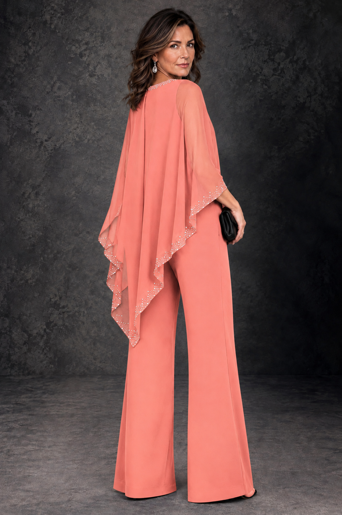 BOLODOO Coral Embellished Cape Mother of the Bride Pantsuit - Coral - Coral_3