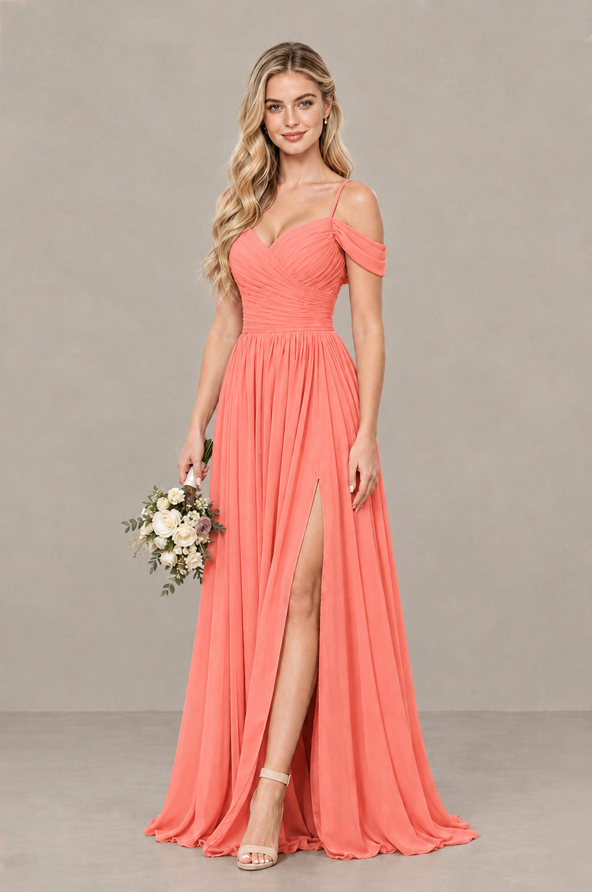 BOLODOO Coral Off-Shoulder Bridesmaid Dress with Slit - Coral