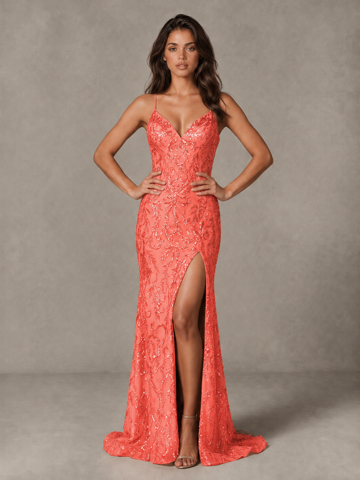 BOLODOO Coral Sequin Prom Dress with Lace-Up Back and High Slit - Coral - Coral_3