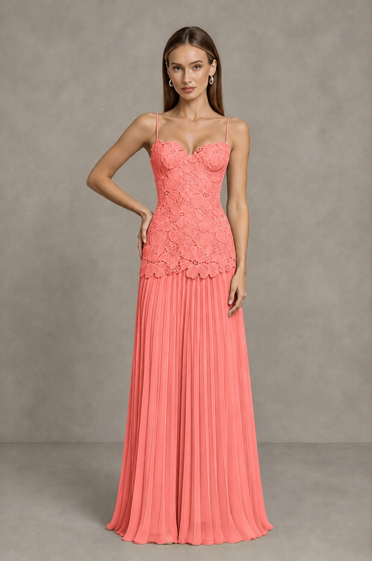 BOLODOO Coral Lace Bodice Pleated Wedding Guest Dress - Coral - Coral_3