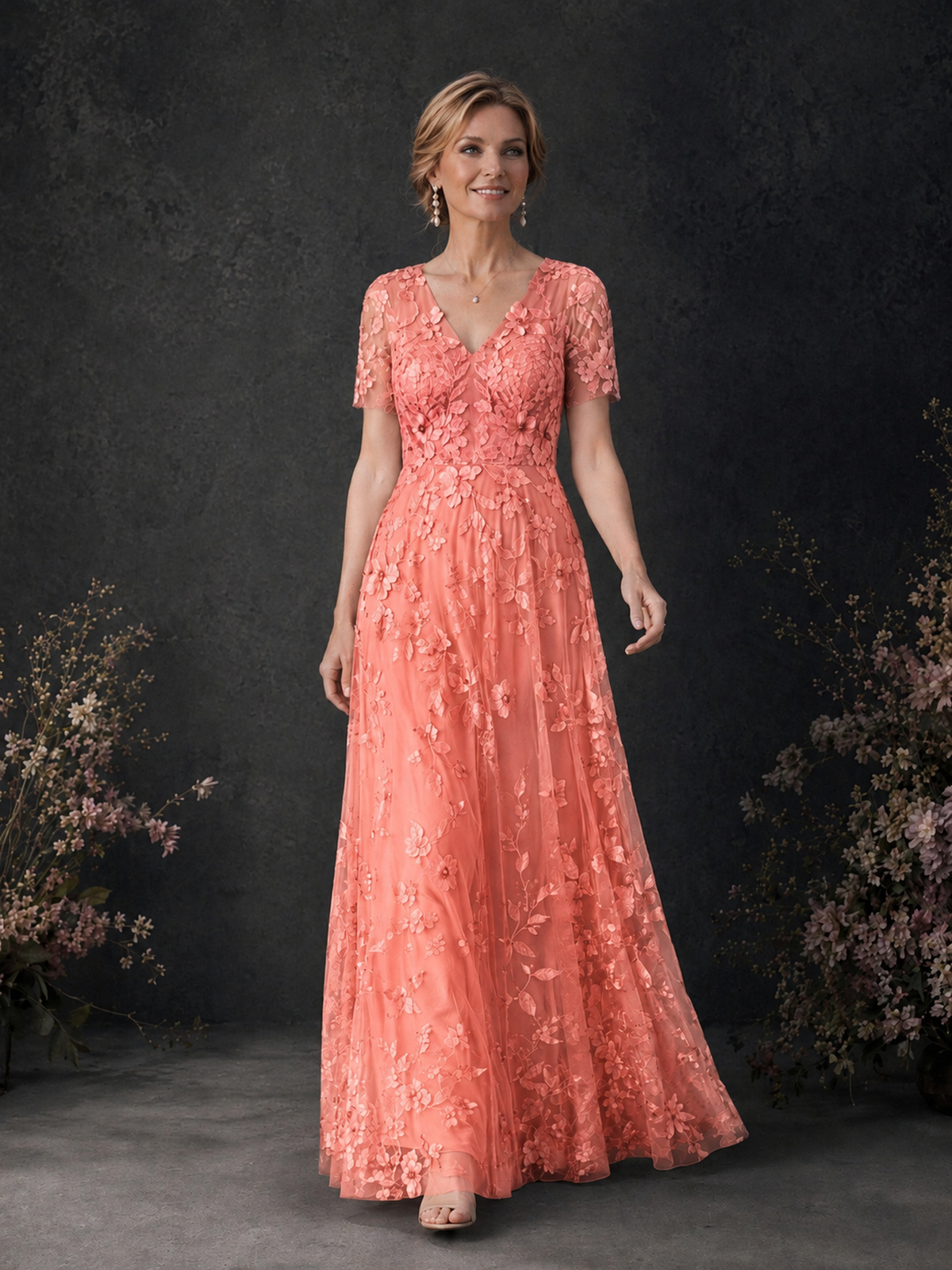 BOLODOO Coral 3D Floral Embroidered Lace V-Neck Short Sleeve A-Line Maxi Dress - Coral