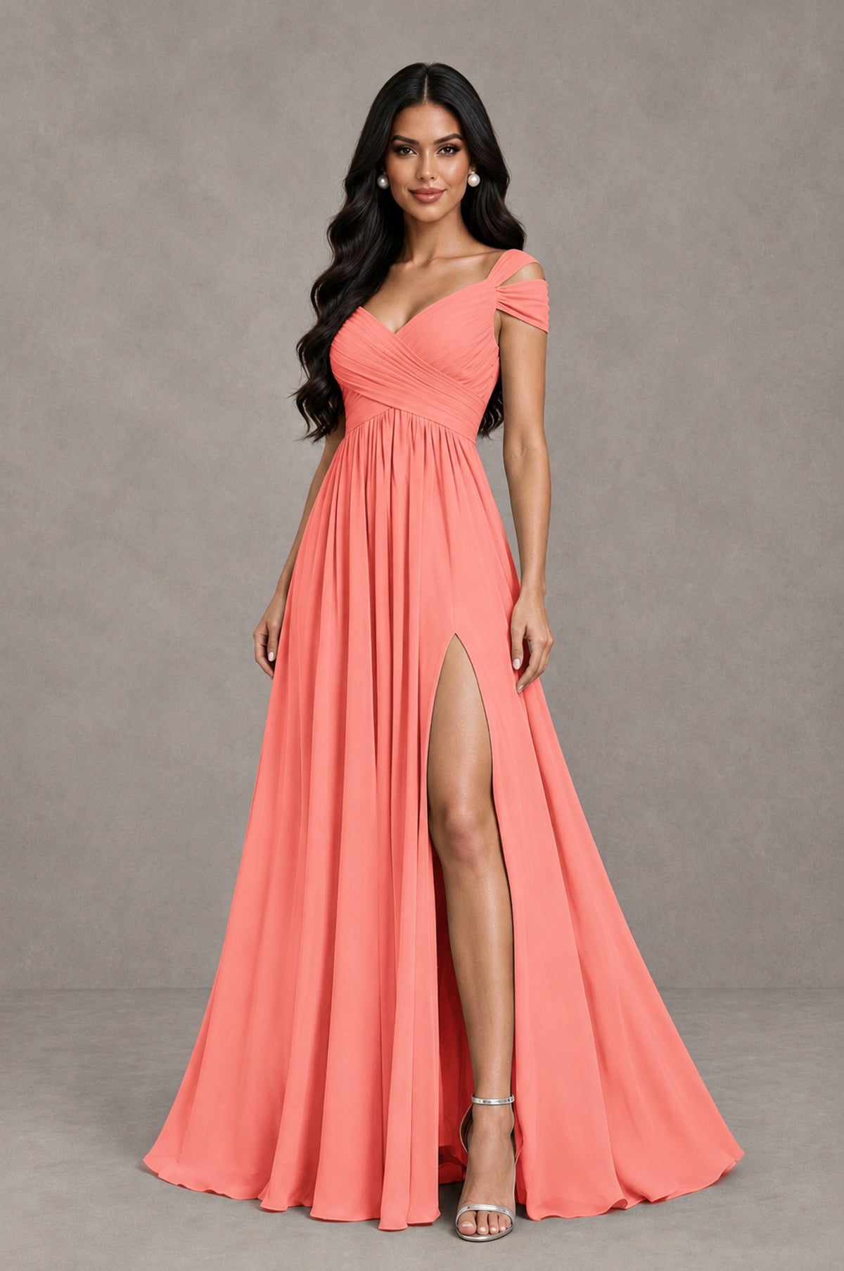 BOLODOO Coral Cold Shoulder Chiffon Evening Dress with V Neck and High Slit - Coral - Coral_3