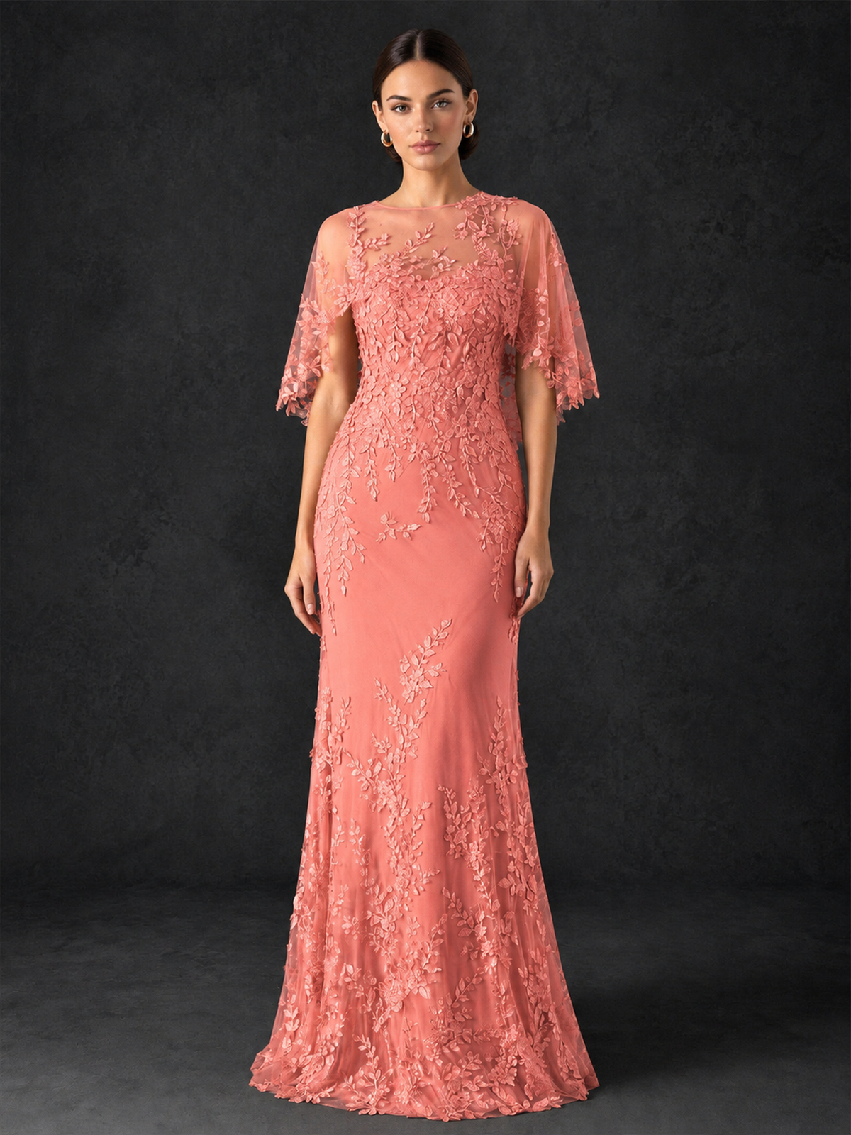 BOLODOO Mocha Coral Botanical Lace Flutter Sleeve Mermaid Gown - Coral