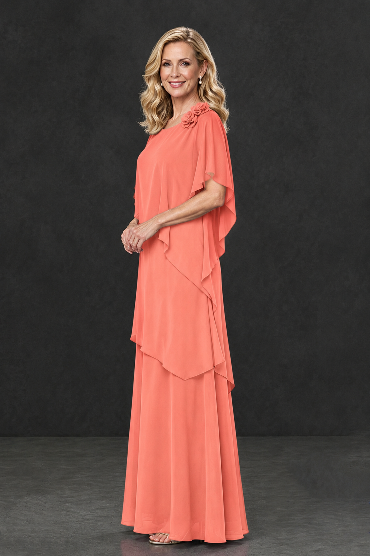 BOLODOO Coral Tiered Flutter Sleeve Mother of the Bride Maxi Dress - Coral - Coral_3