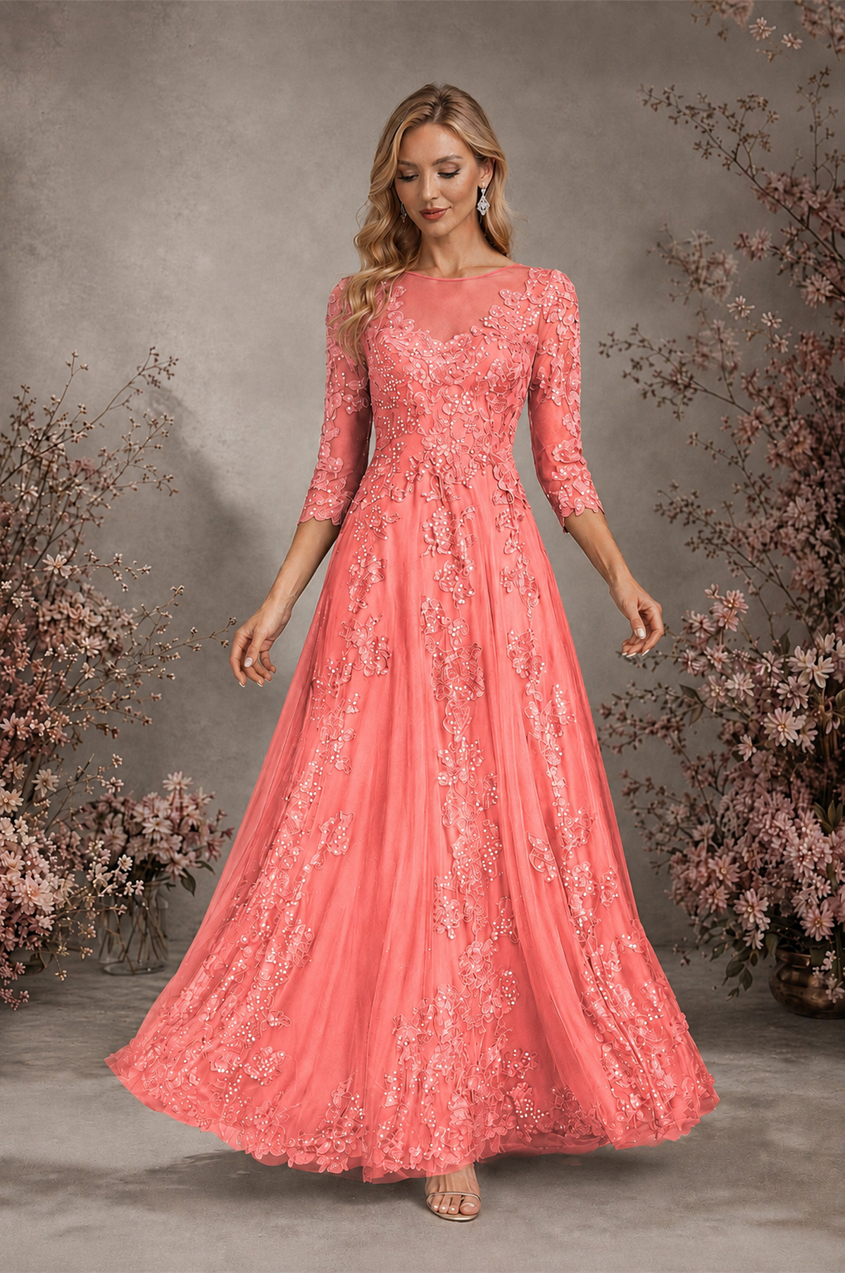 BOLODOO Coral Sequin Lace 3/4 Sleeve Open Back Formal Evening Gown - Coral