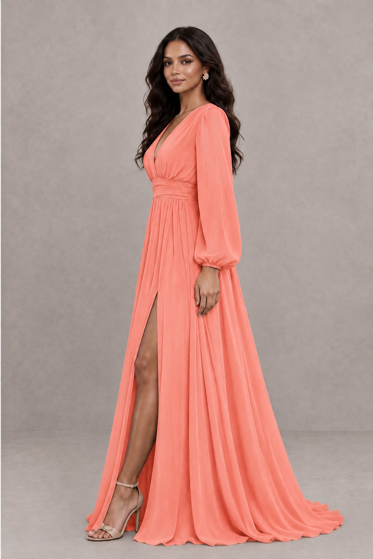 BOLODOO Coral Long Sleeve V-Neck A-Line Gown with Open Back & Slit - Coral - Coral_3