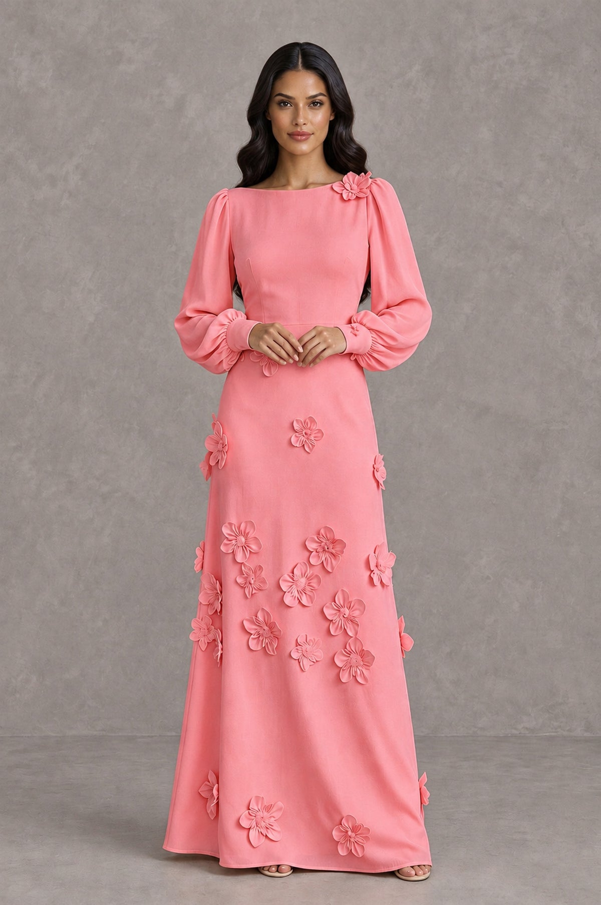 BOLODOO Coral Long Sleeve Floral Applique A-Line Evening Dress - Coral - Coral_3