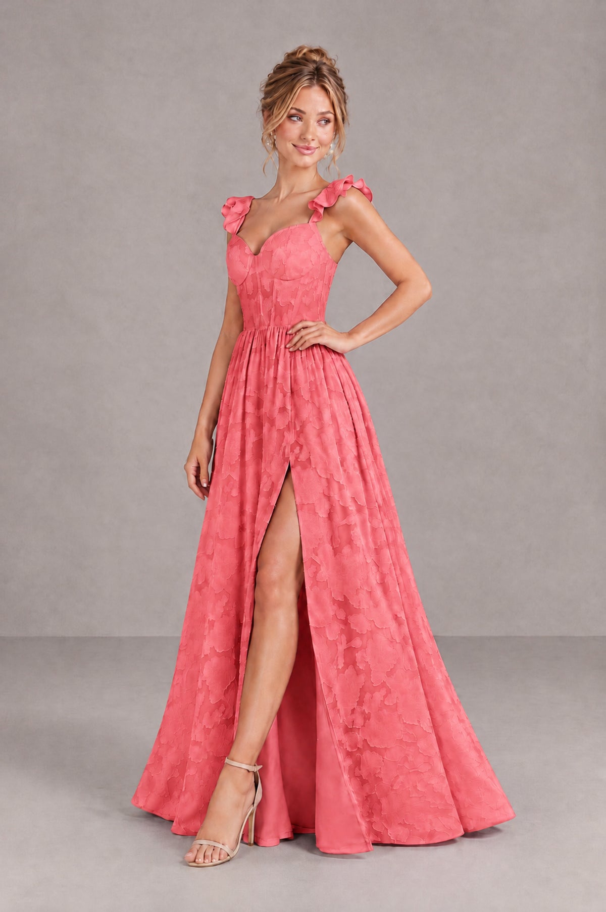 BOLODOO Coral Floral A-Line Bridesmaid Dress with Slit Ruffle Straps Maxi Gown - Coral - Coral_3