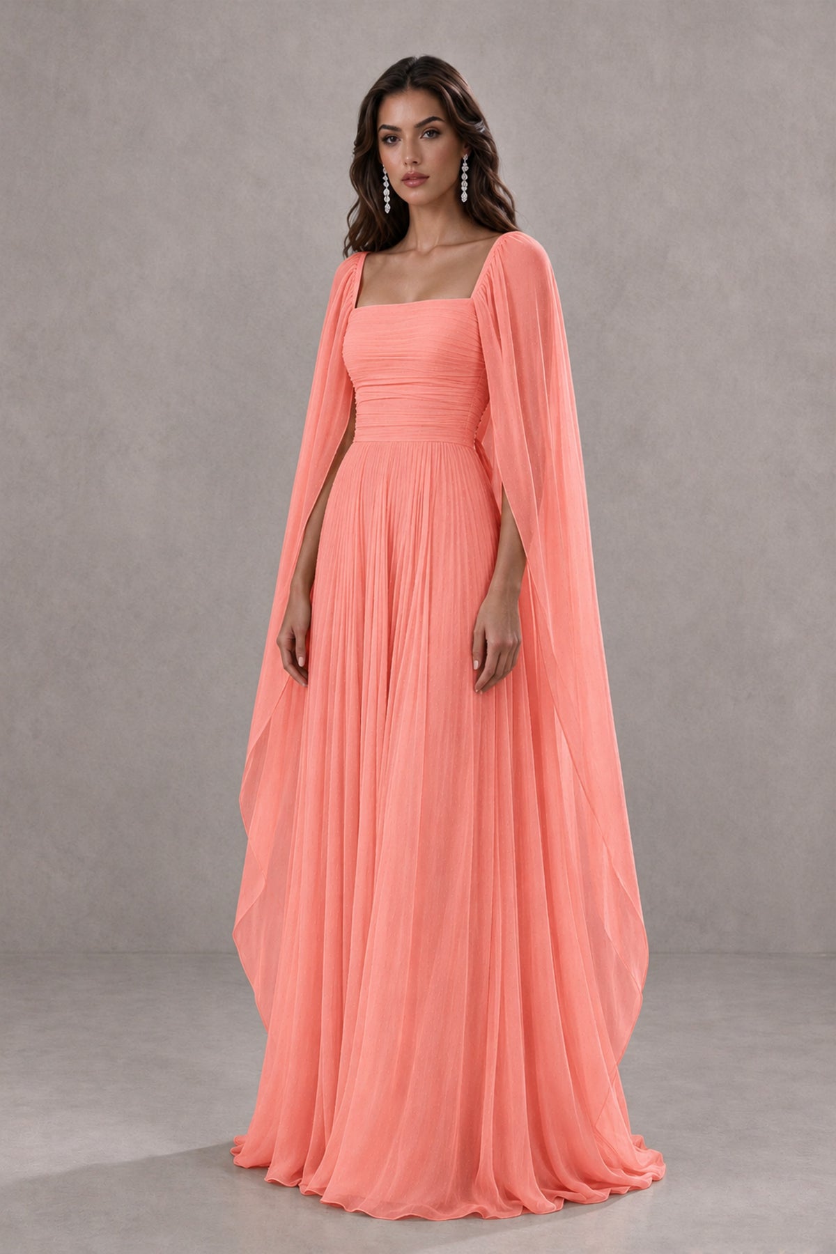 BOLODOO Coral Square Neck Cape Sleeve A-Line Evening Dress - Coral - Coral_3