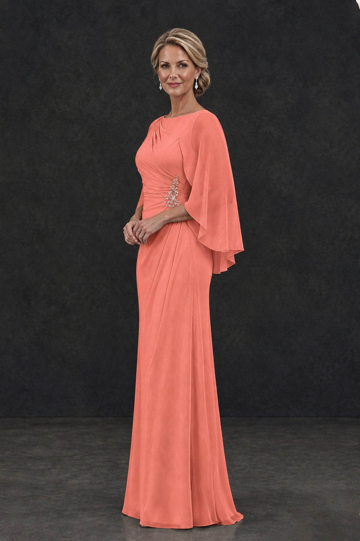 BOLODOO Coral Cape Sleeve Mother of the Bride Dress with Ruched Waist - Coral - Coral_3