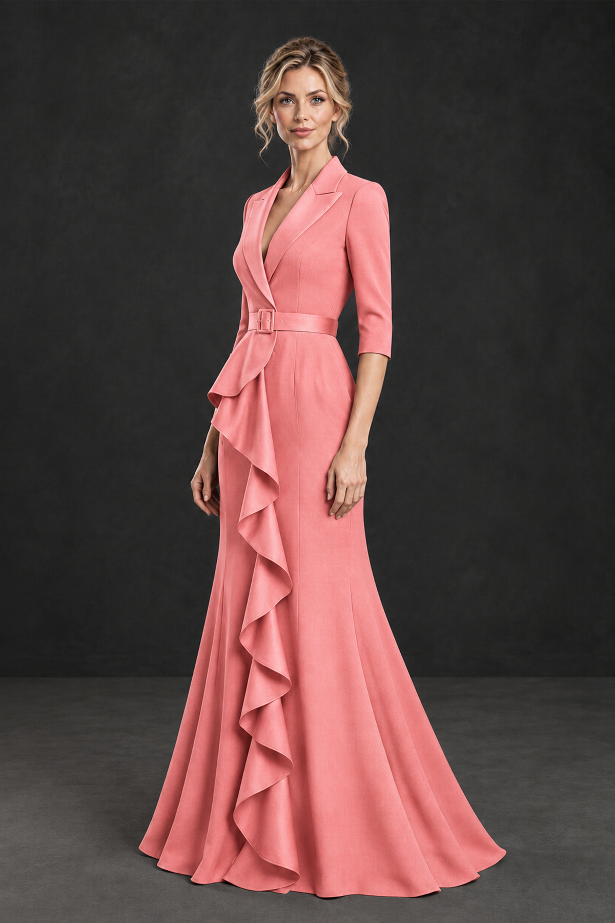 BOLODOO Coral Lapel Ruffle Mother of the Bride Dress with Belt - Coral - Coral_3
