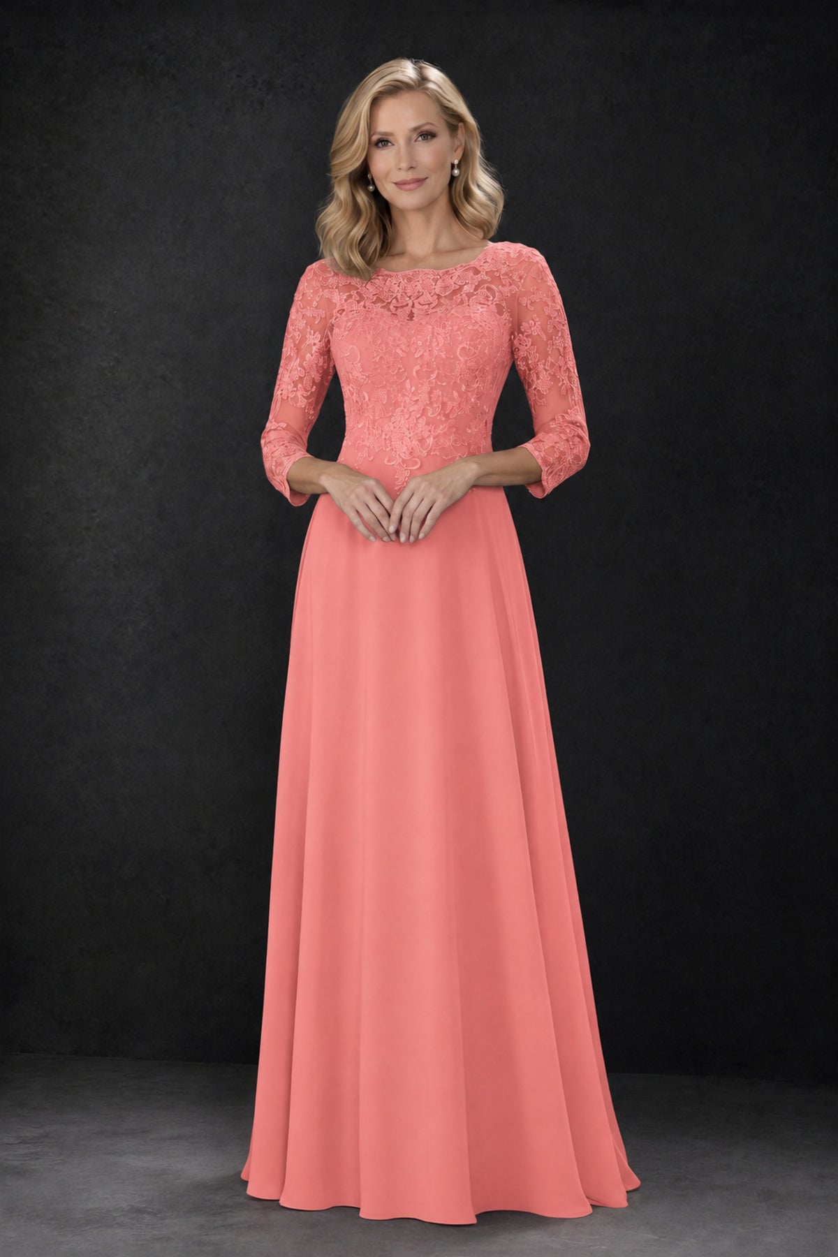BOLODOO Coral Lace Embroidered Mother of the Bride Dress with 3/4 Sleeves - Coral