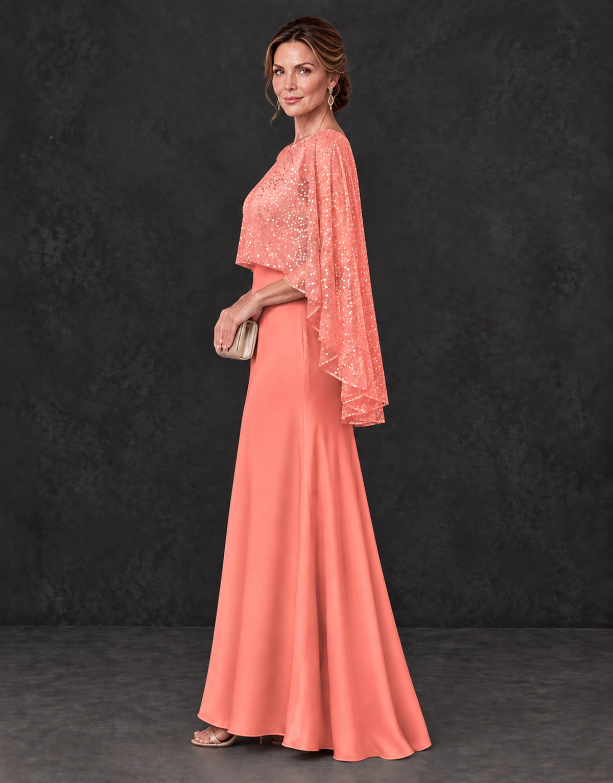 BOLODOO Coral Sparkle Cape Sleeve Mother of the Bride Dress - Coral - Coral_3