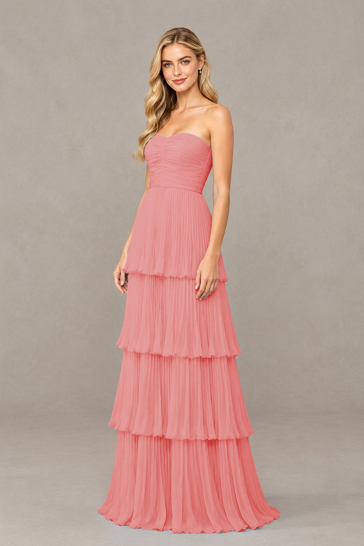 BOLODOO Coral Strapless Tiered Chiffon Maxi Dress - Coral