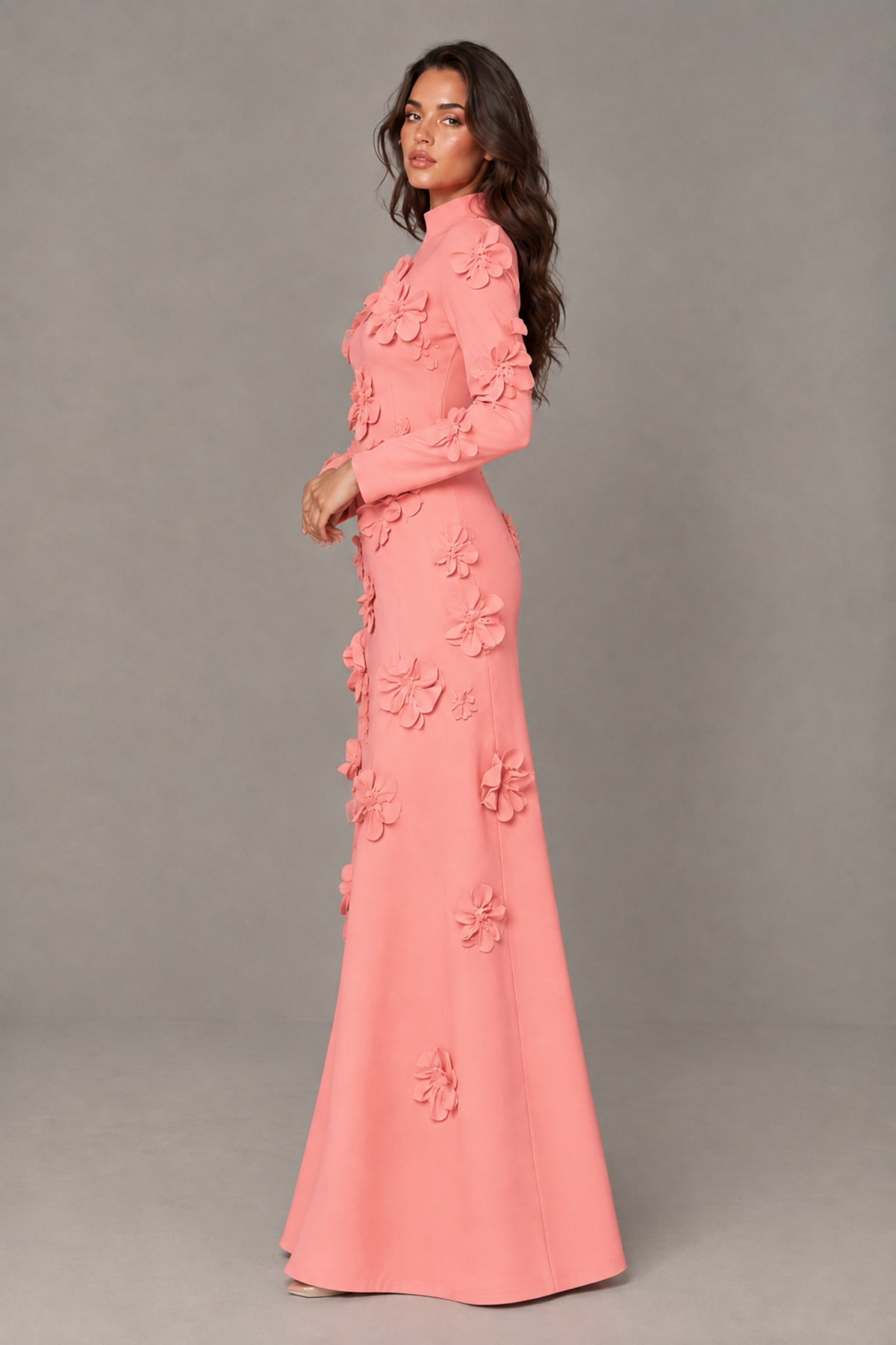 BOLODOO Coral High Neck Long Sleeve 3D Floral Evening Gown - Coral