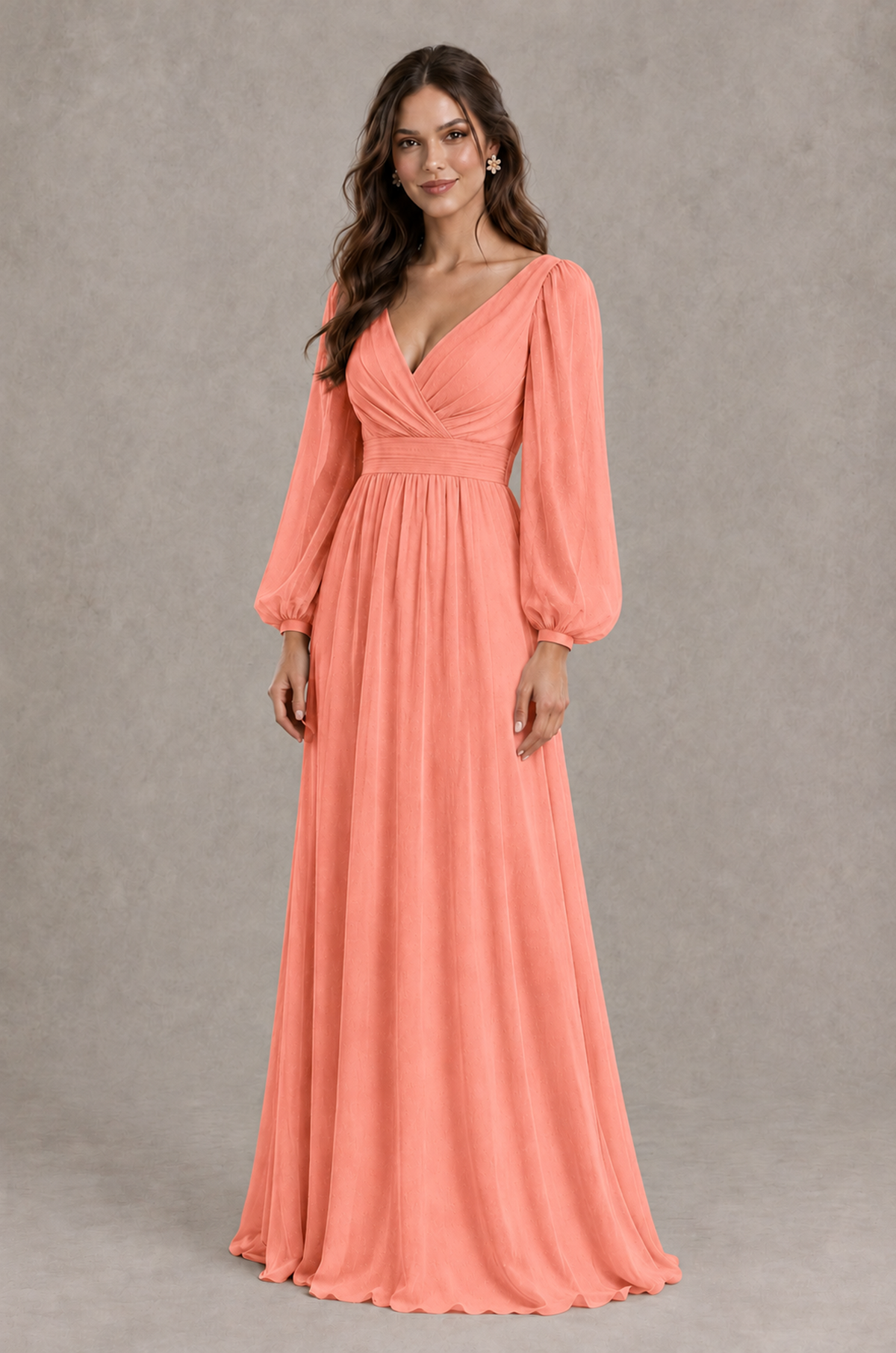 BOLODOO Coral Long Sleeve V-Neck A-Line Bridesmaid Dress - Coral - Coral_3