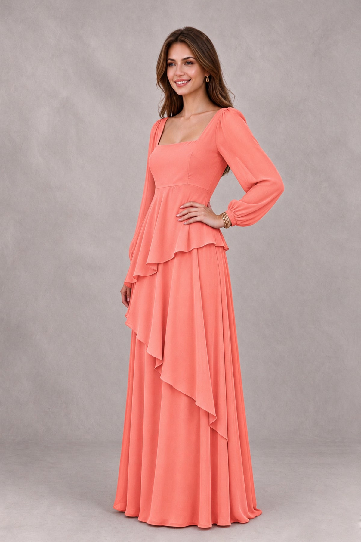 BOLODOO Coral Long Sleeve Ruffle Bridesmaid Dresses - Coral - Coral_3