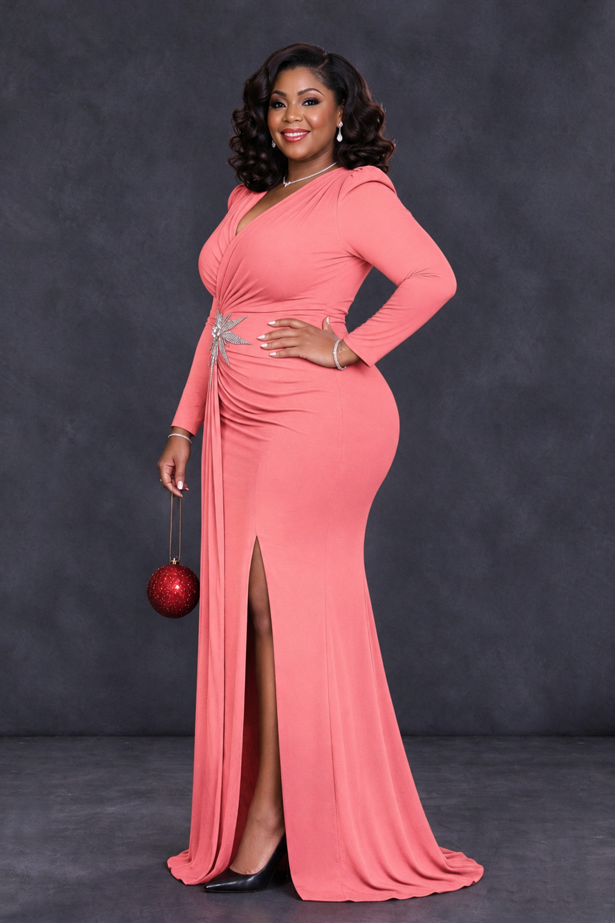 BOLODOO Coral Plus Size Long Sleeve V-Neck Mother of the Bride Dress with Slit - Coral - Coral_3