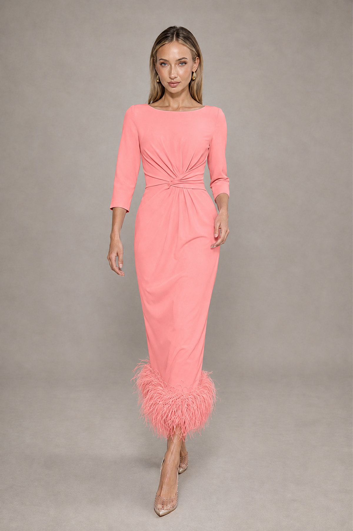 BOLODOO Coral Feather-Trim Twist-Waist Midi Dress - Coral - Coral_3