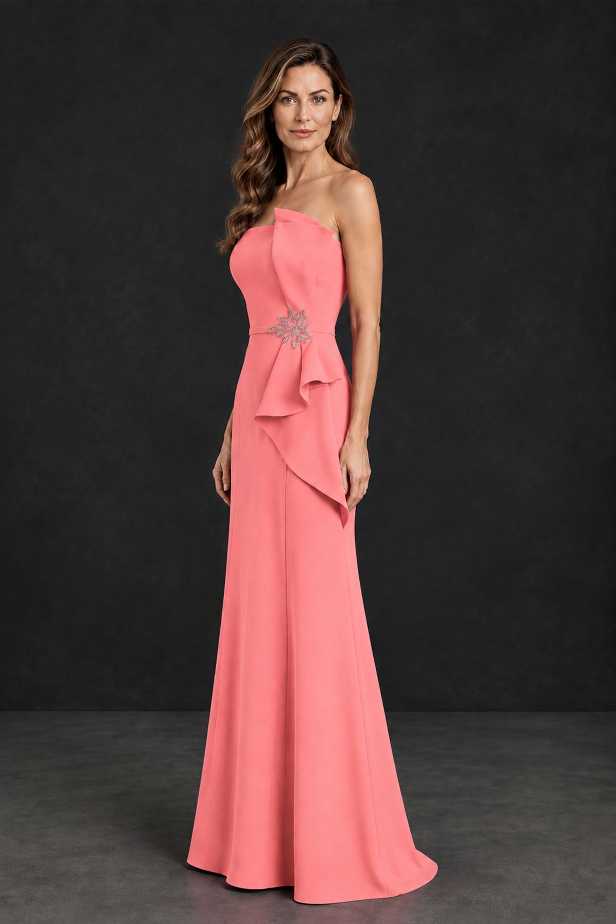 BOLODOO Coral Strapless Mother of the Bride Dress with Ruffle Detail - Coral - Coral_3