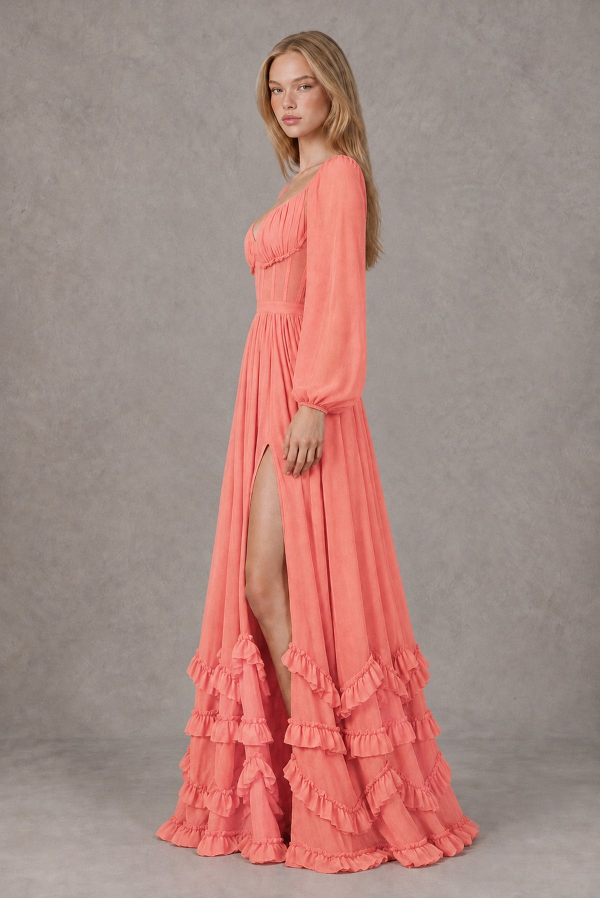 Coral Long-Sleeve Ruffle Maxi Dress with Lace-Up Back and Slit - Coral