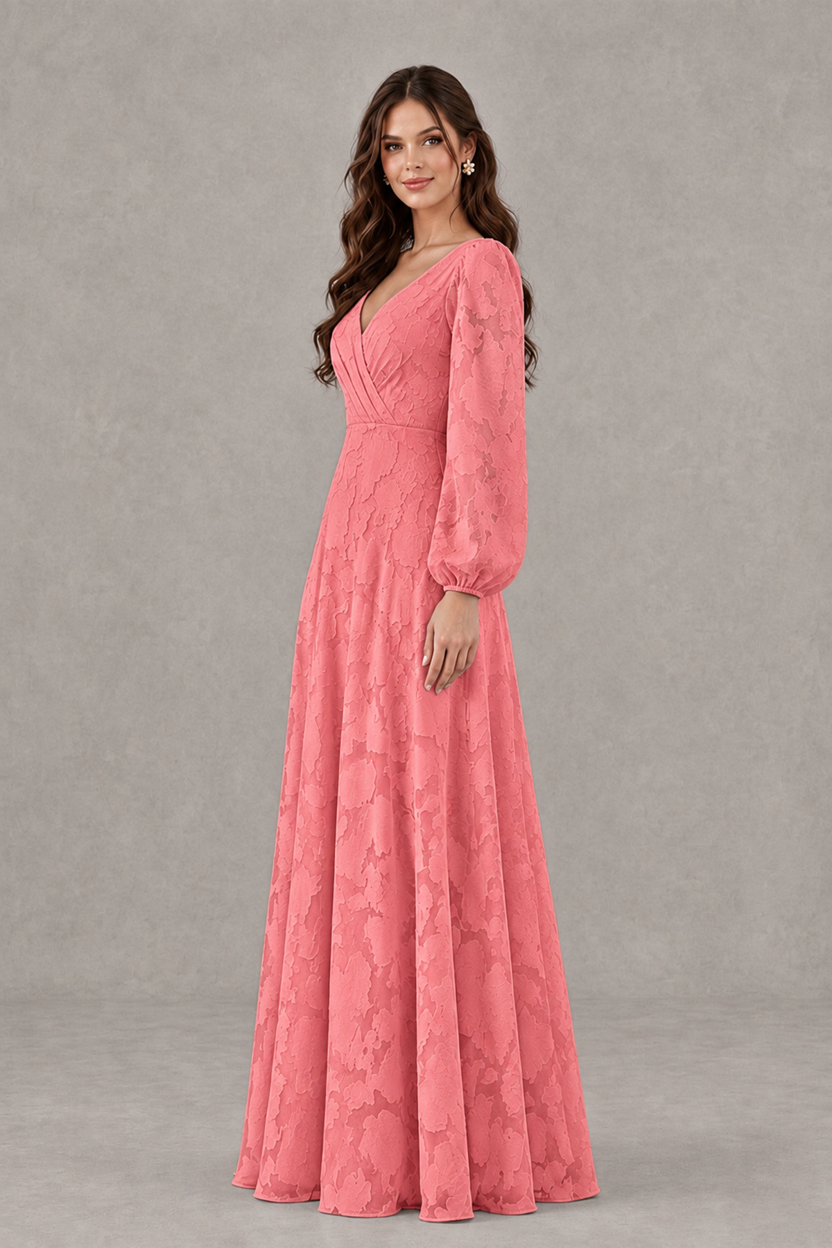 BOLODOO Coral Long Sleeve V-Neck A-Line Mother of the Bride Dress - Coral - Coral_3