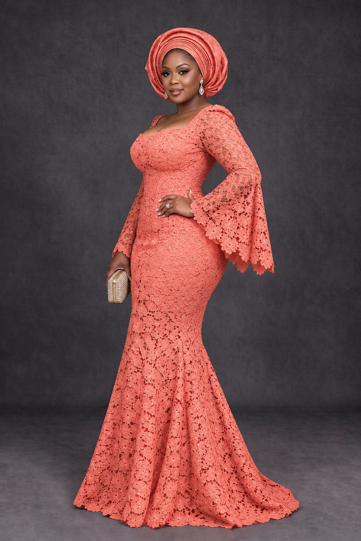 BOLODOO Coral African Lace Mermaid Dress, Plus Size Nigerian Wedding Guest Gown with Bell Sleeves - Coral - Coral_3