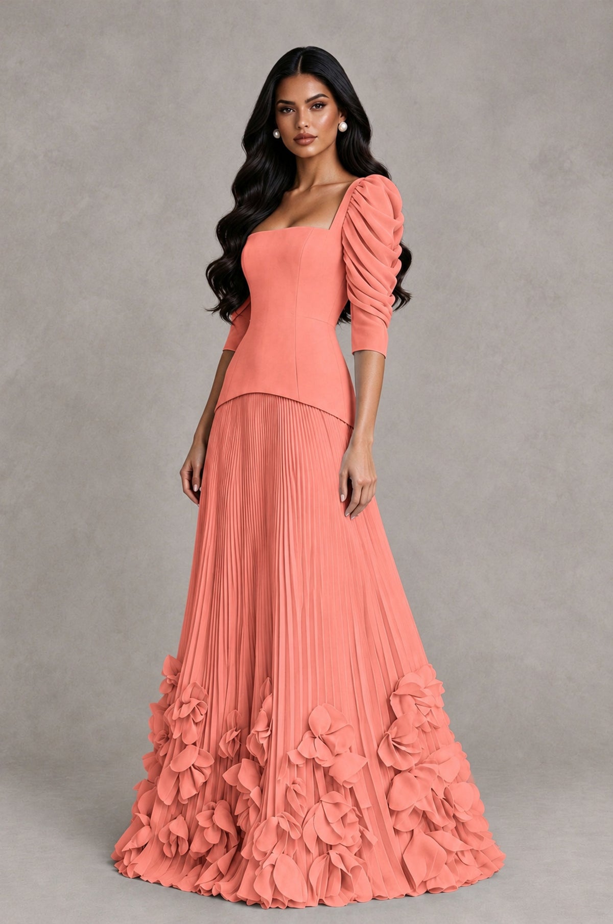 BOLODOO Coral Square Neck Pleated Floral Applique Evening Dress - Coral - Coral_3