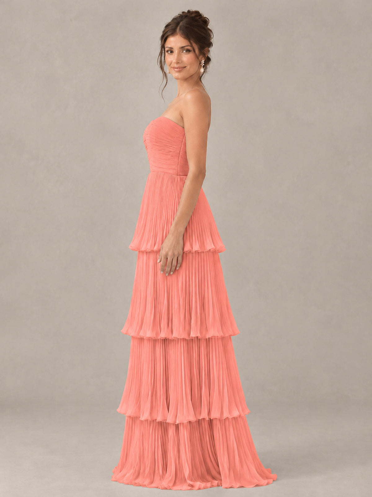 BOLODOO Coral Strapless Tiered Pleated Bridesmaid Dress - Coral - Coral_3