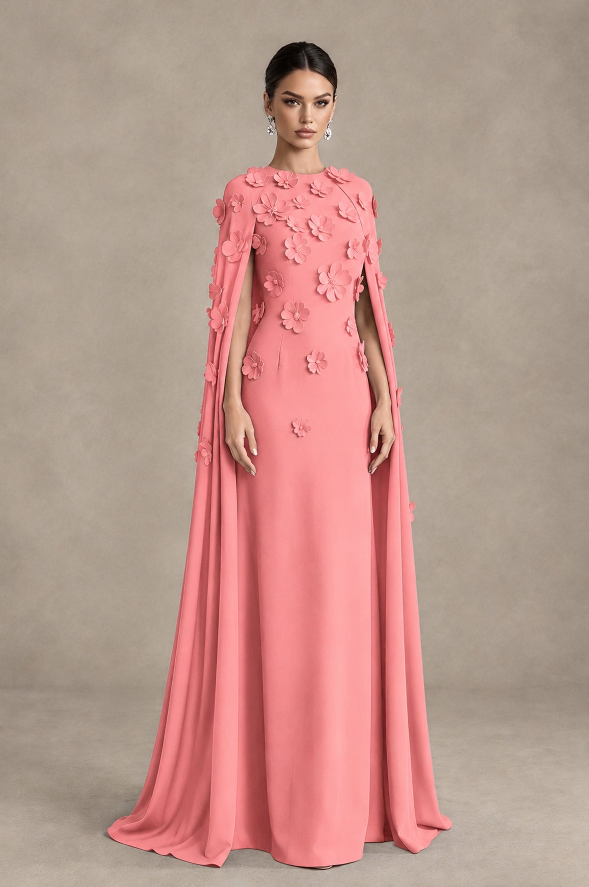 BOLODOO Coral 3D Floral Applique Cape Formal Dress - Coral - Coral_3