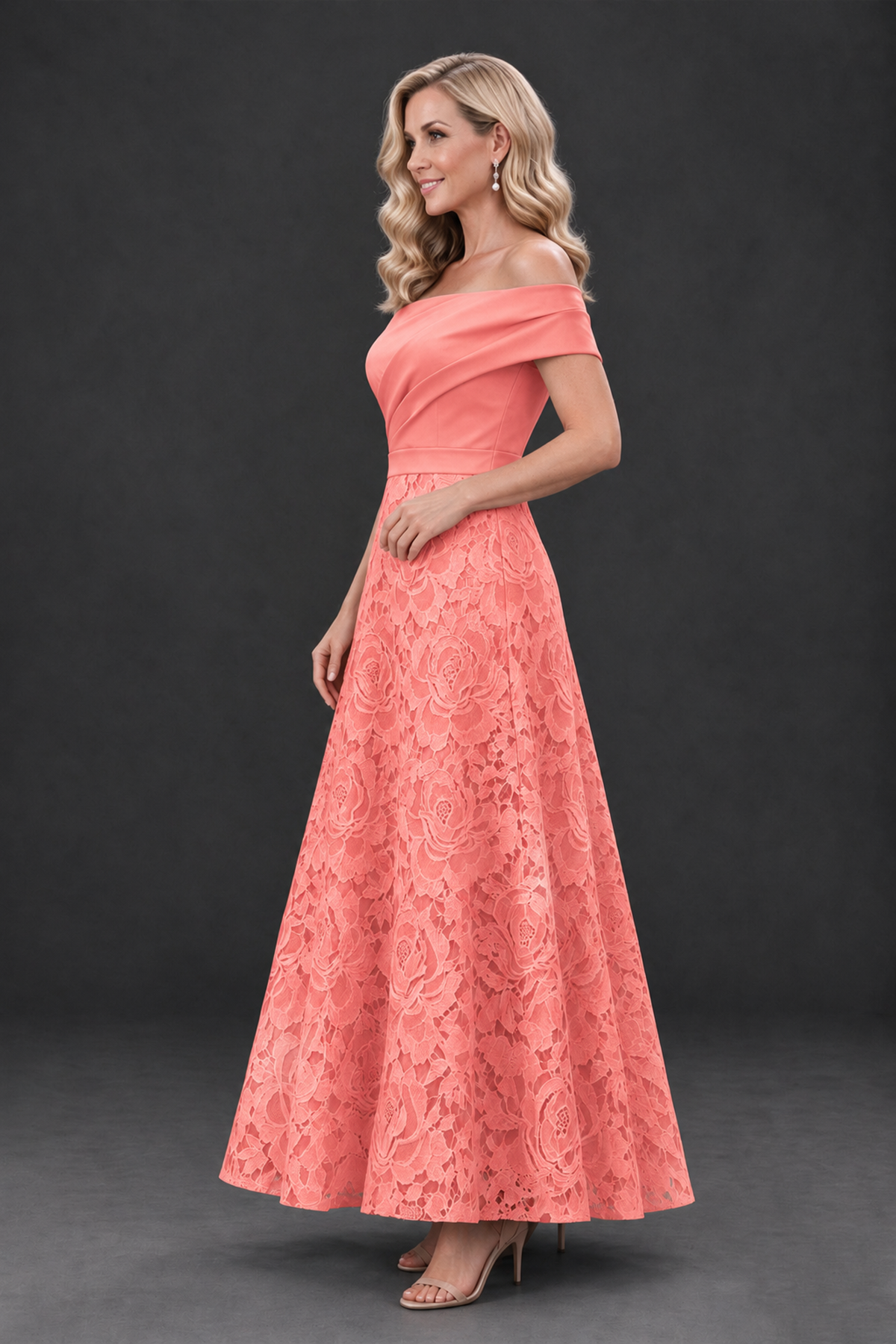 BOLODOO Coral Off-the-Shoulder Floral A-Line Mother of the Bride Dress - Coral - Coral_3