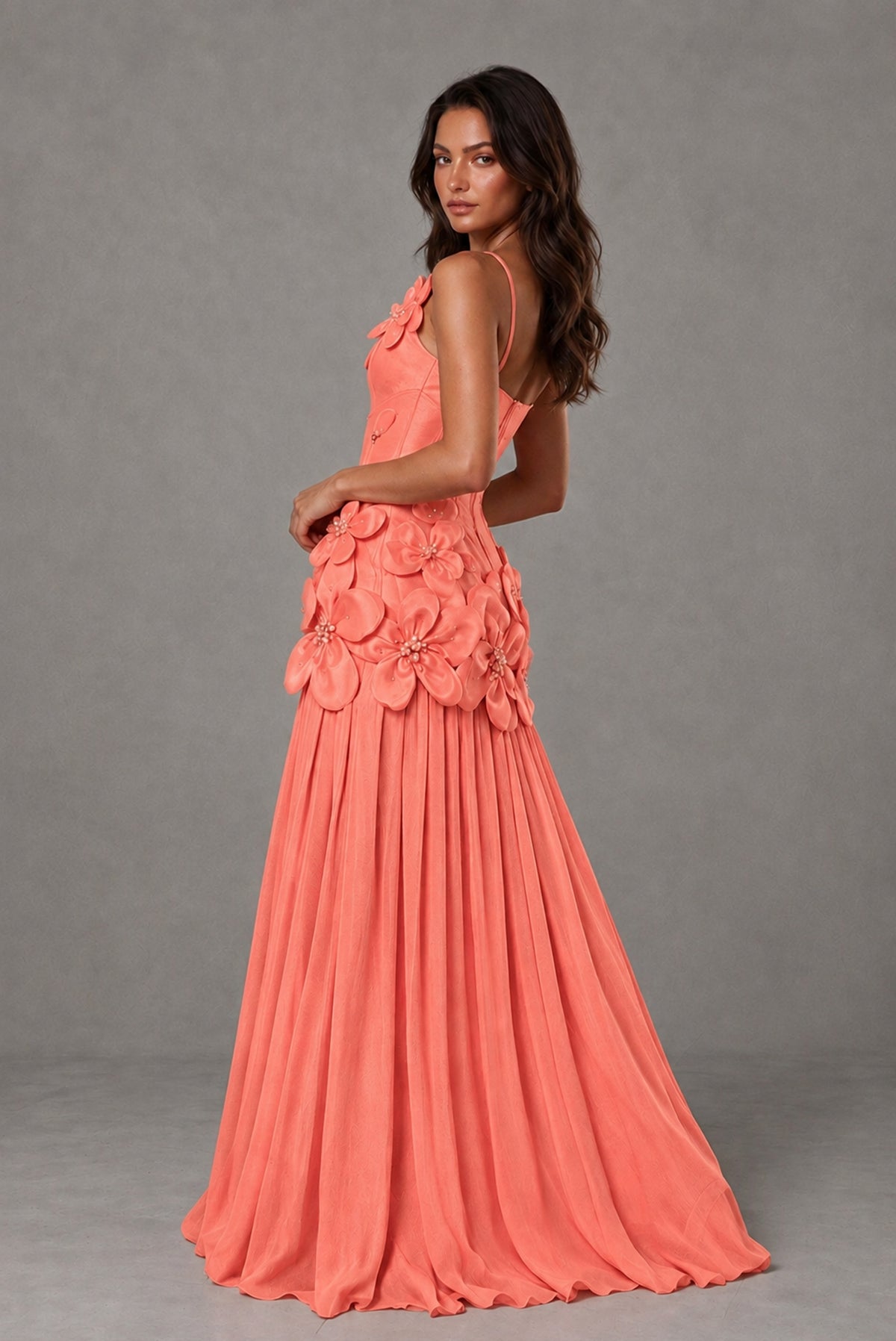BOLODOO Coral 3D Floral Appliqué Floor-Length A-Line Evening Gown - Coral