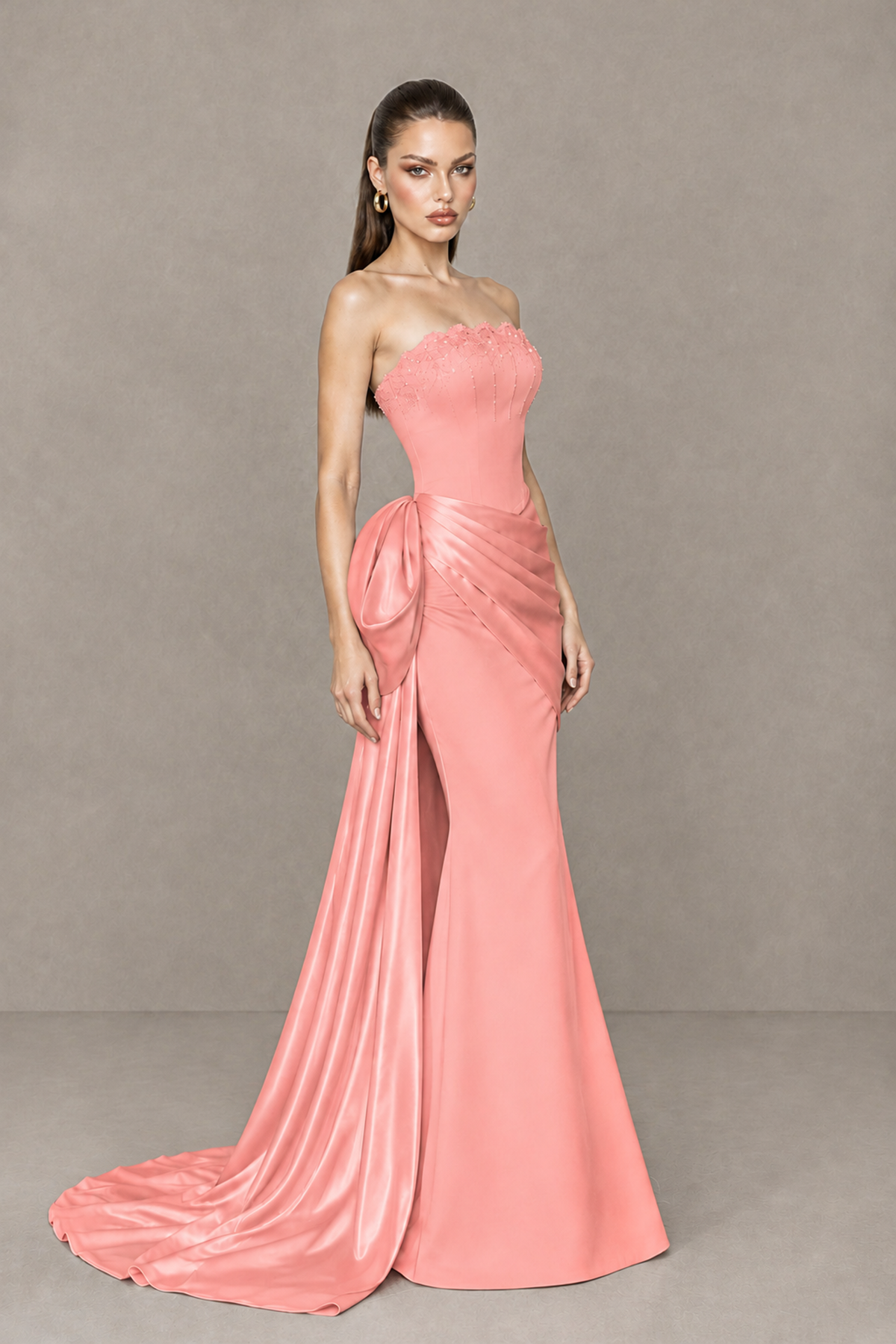 BOLODOO Coral Strapless Satin Prom Dress with Draped Side Train - Coral - Coral_3