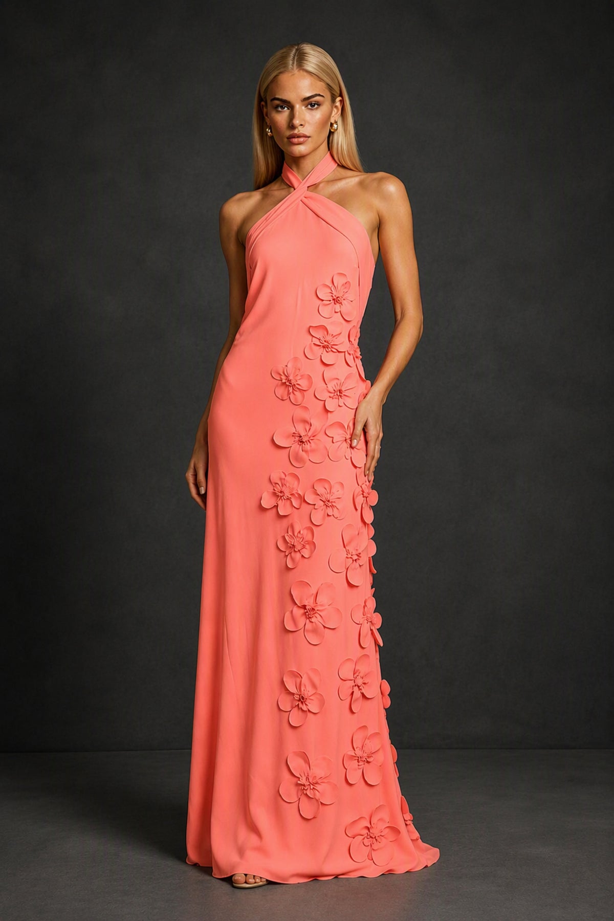 BOLODOO Coral Cross Halter Neck 3D Floral Appliqué Backless Mermaid Maxi Gown - Coral