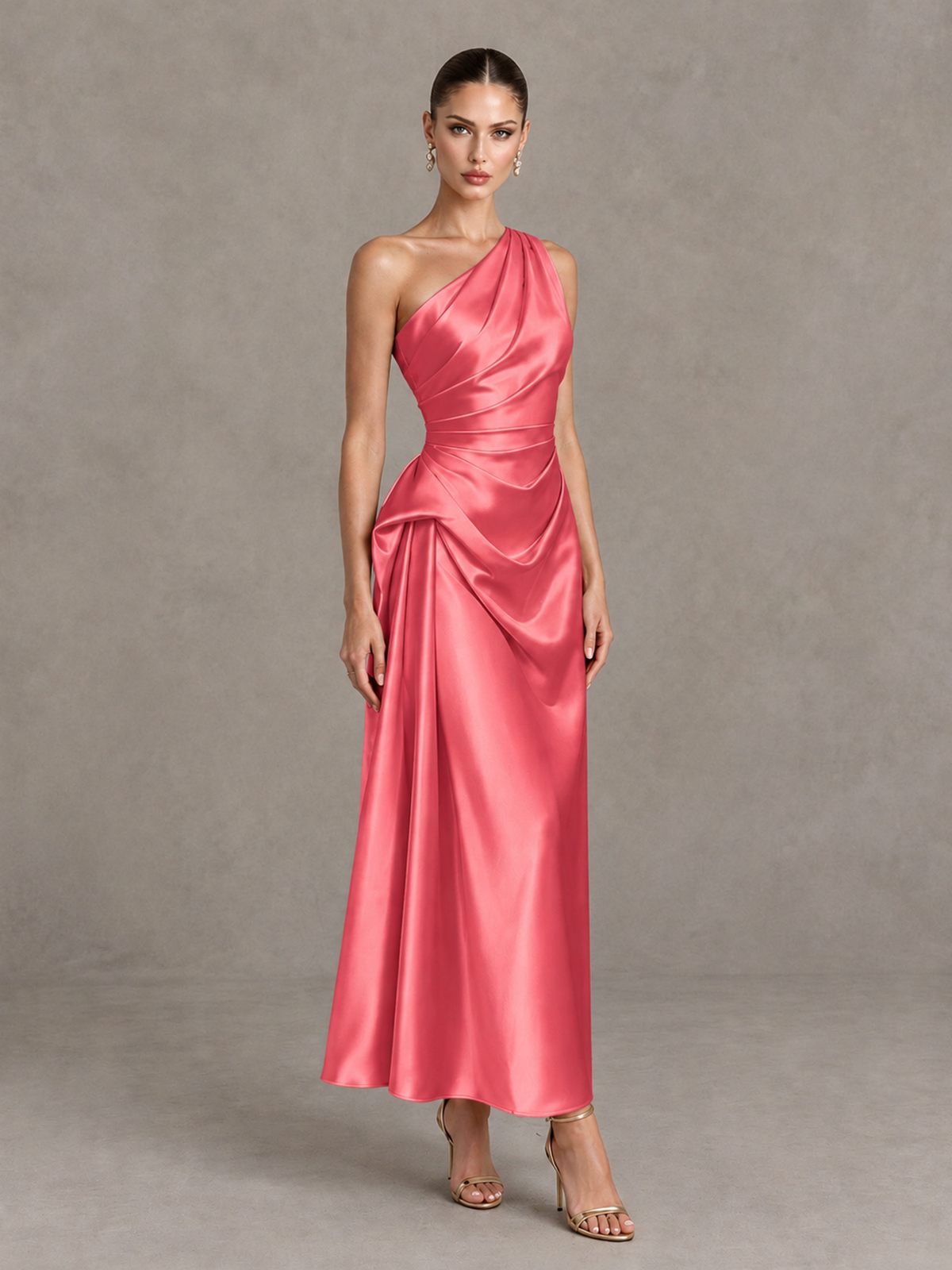 BOLODOO Coral One Shoulder Satin Cocktail Dress with Draped A-Line Skirt - Coral - Coral_3