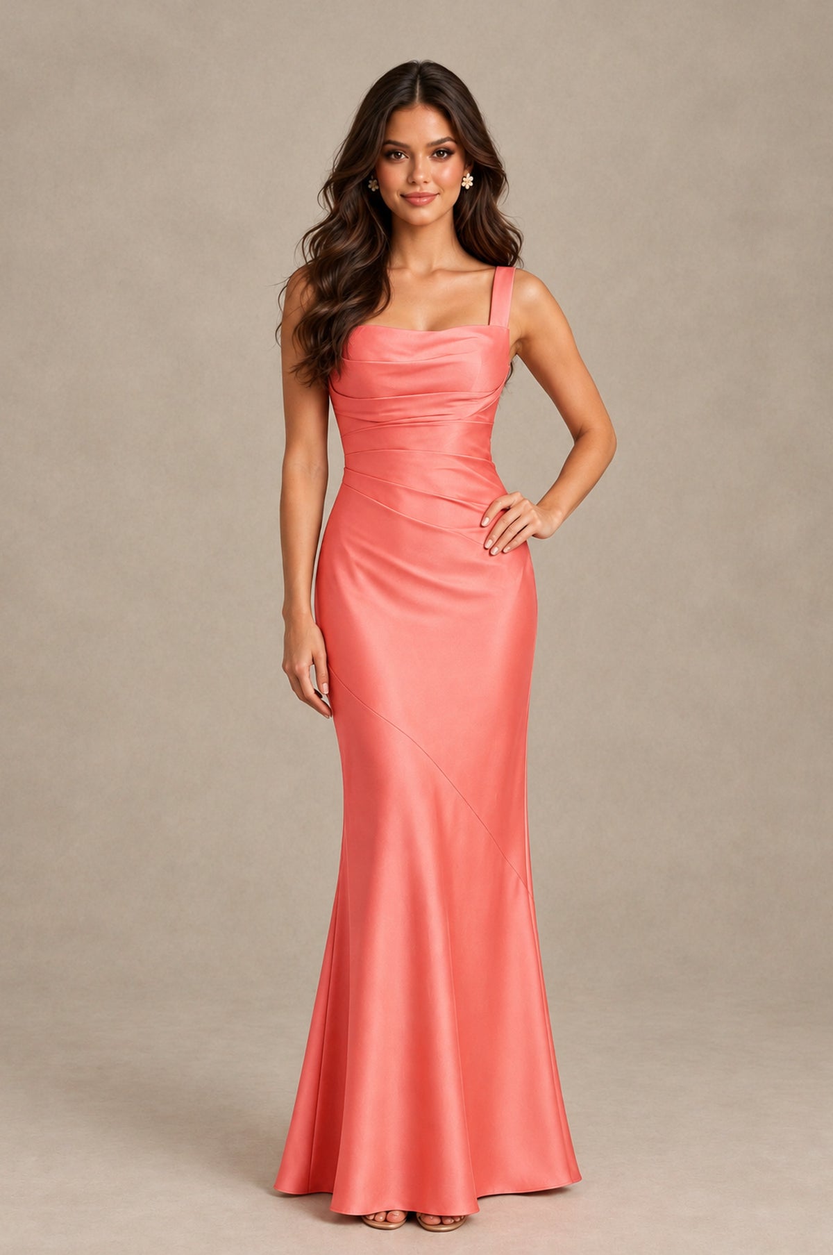BOLODOO Coral Square Neck Ruched Satin Lace-Up Bridesmaid Dress - Coral - Coral_3